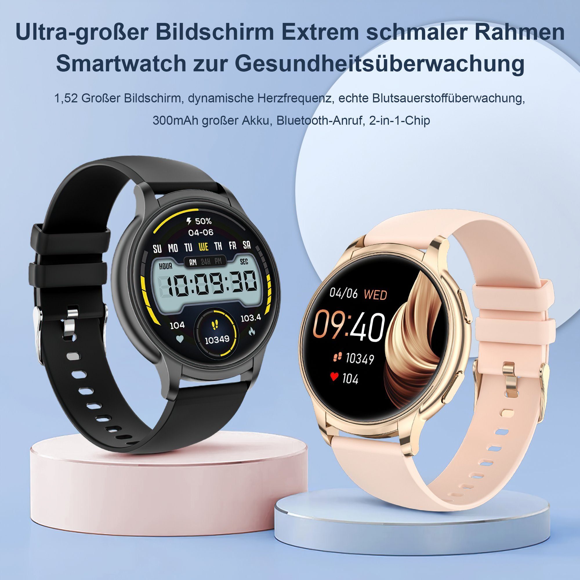 Mutoy Smartwatch Damen Herren Smartwatch, Fitness Tracker Uhr mit Anrufe Smartwatch (Enthält ein Stahlgürtel und ein Silikon Armband, Fitnessuhr mit Telefonfunktion, IP67 Wasserdicht,1.52