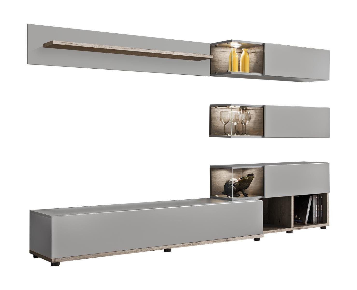 JVmoebel Wohnzimmer-Set Grau Möbel Holz rtv TV-Ständer Moderne Design Einrichtung, (6-St., TV-Ständer/3x Wandregale/Wandregal/Regal), Made in Europa