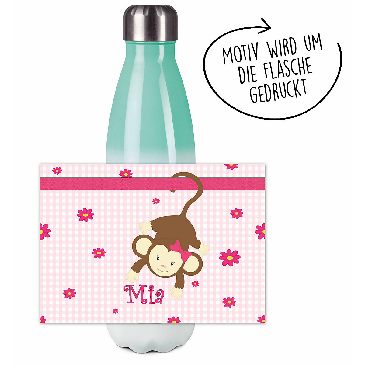 Edelstahl Kinder Thermoflasche / Trinkflasche bunt Affe hängend Farbe rosa Spülmaschinenfest, Auslaufsicher, Bruchfest, Doppelwandig, Für Heißgetränke geeignet, Mit Deckel, Isoliert