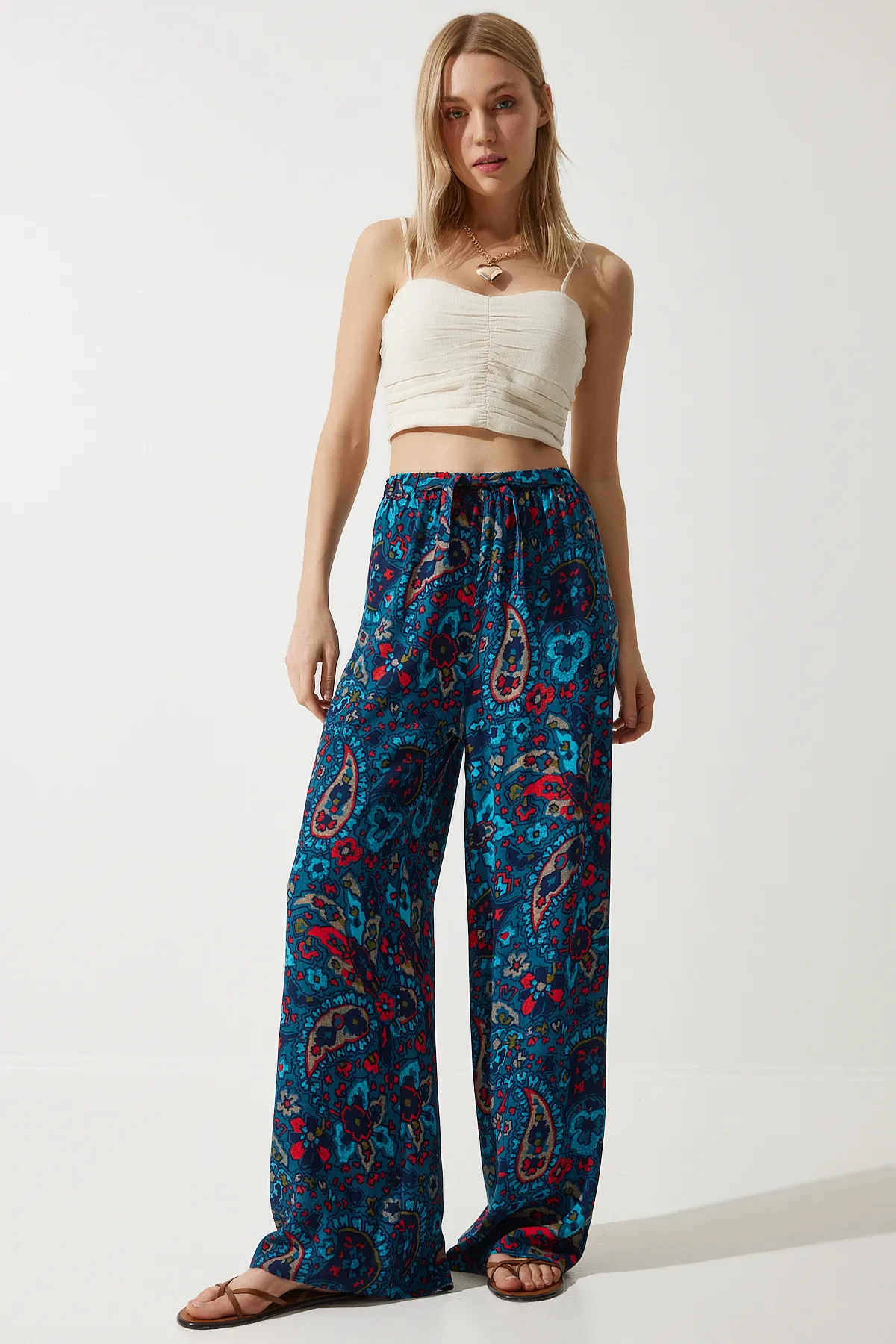 Happiness İstanbul  Damen-Sommerhose aus lockerer Viskose in Dunkelkobaltblau mit hoher Taille, BH00354