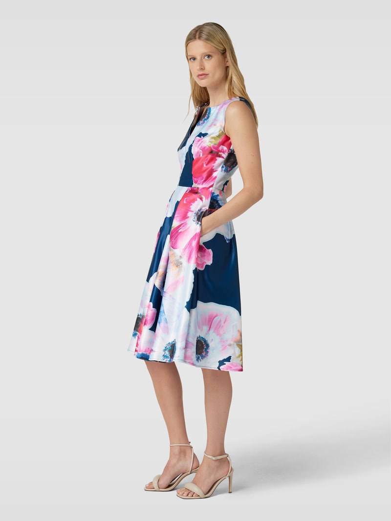 Cocktailkleid mit floralem Muster in marineblau meliert