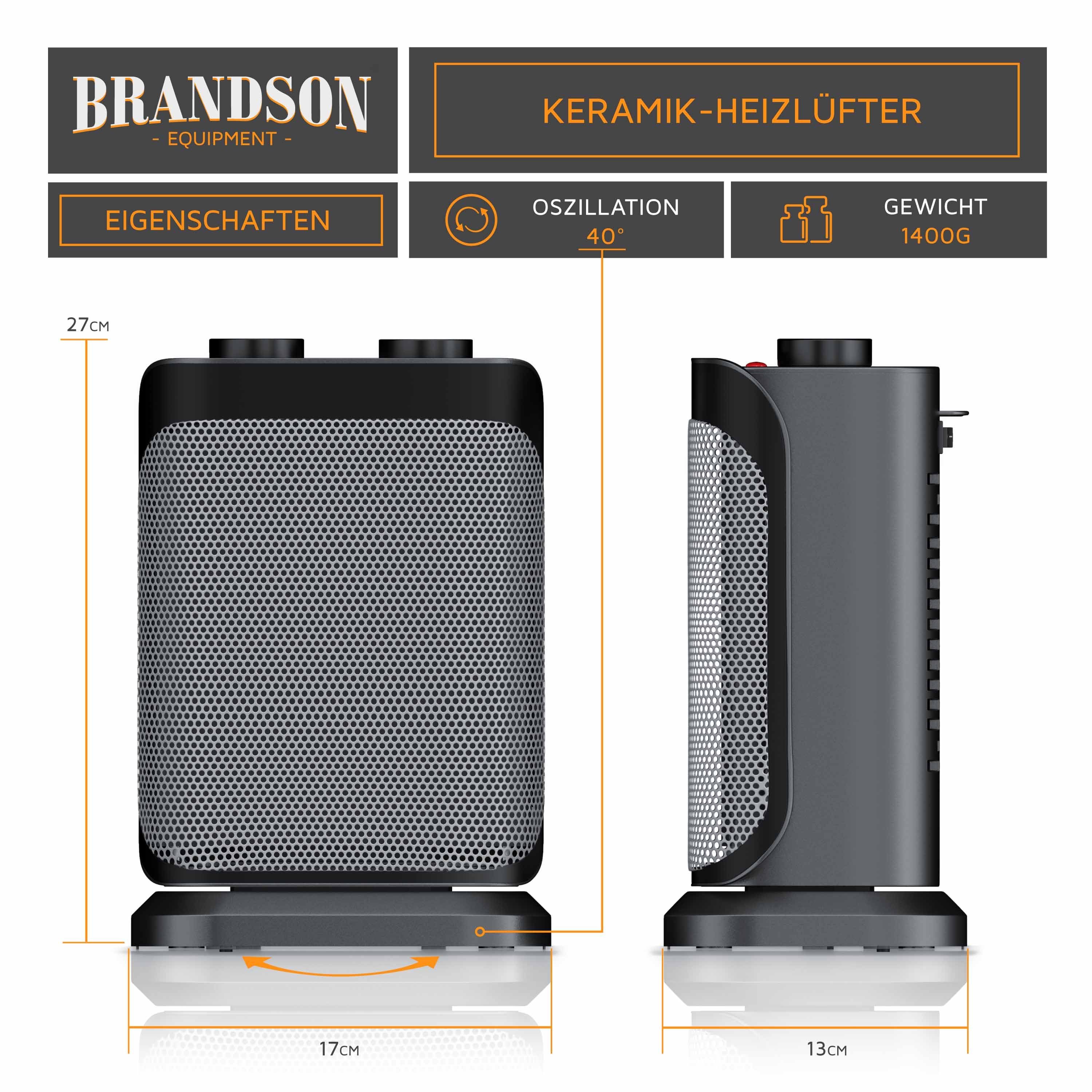 Brandson Keramikheizlüfter, 1500 W, Keramik Heizlüfter mit Oszilationsfunktion, Bad Keramikheizgerät