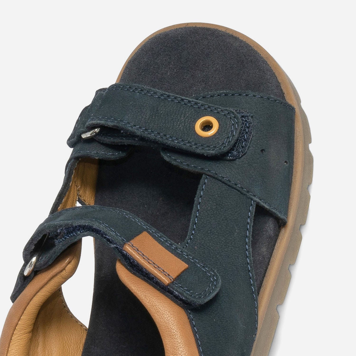 Sandale bleu marine et marron en cuir à scratchs