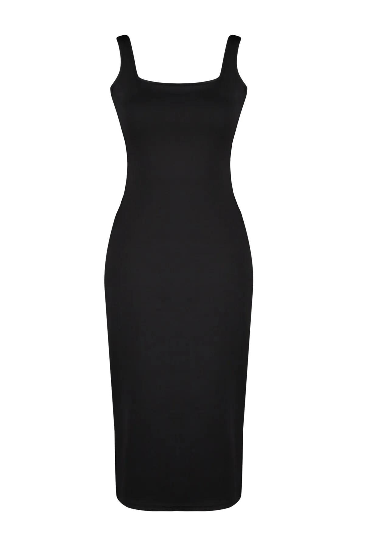 Trendyol Collection  Schwarzes, figurbetontes, elegantes Midi-Strickkleid mit Schlitz und Schlitz am eckigen Ausschnitt TWOSS23EL02144