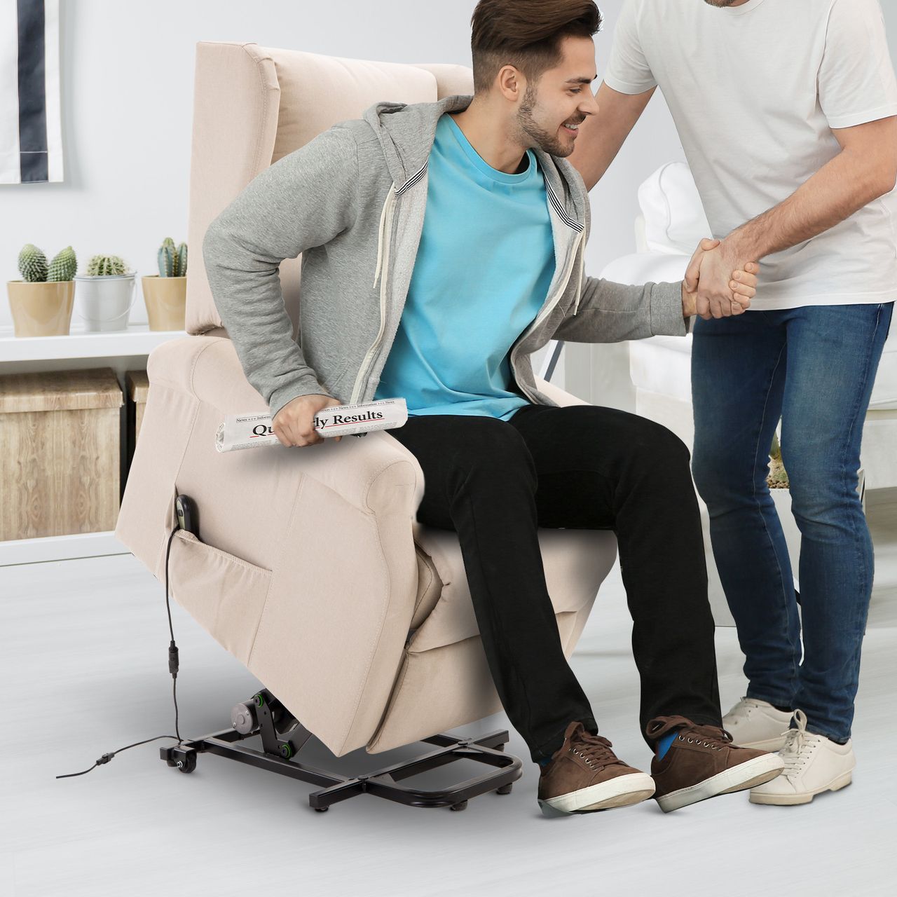 HOMCOM Aufstehsessel Fernsehsessel mit Aufstehhilfe elektrisch Liegefunktion Leinen Creme 72,5 x 94 x 109cm