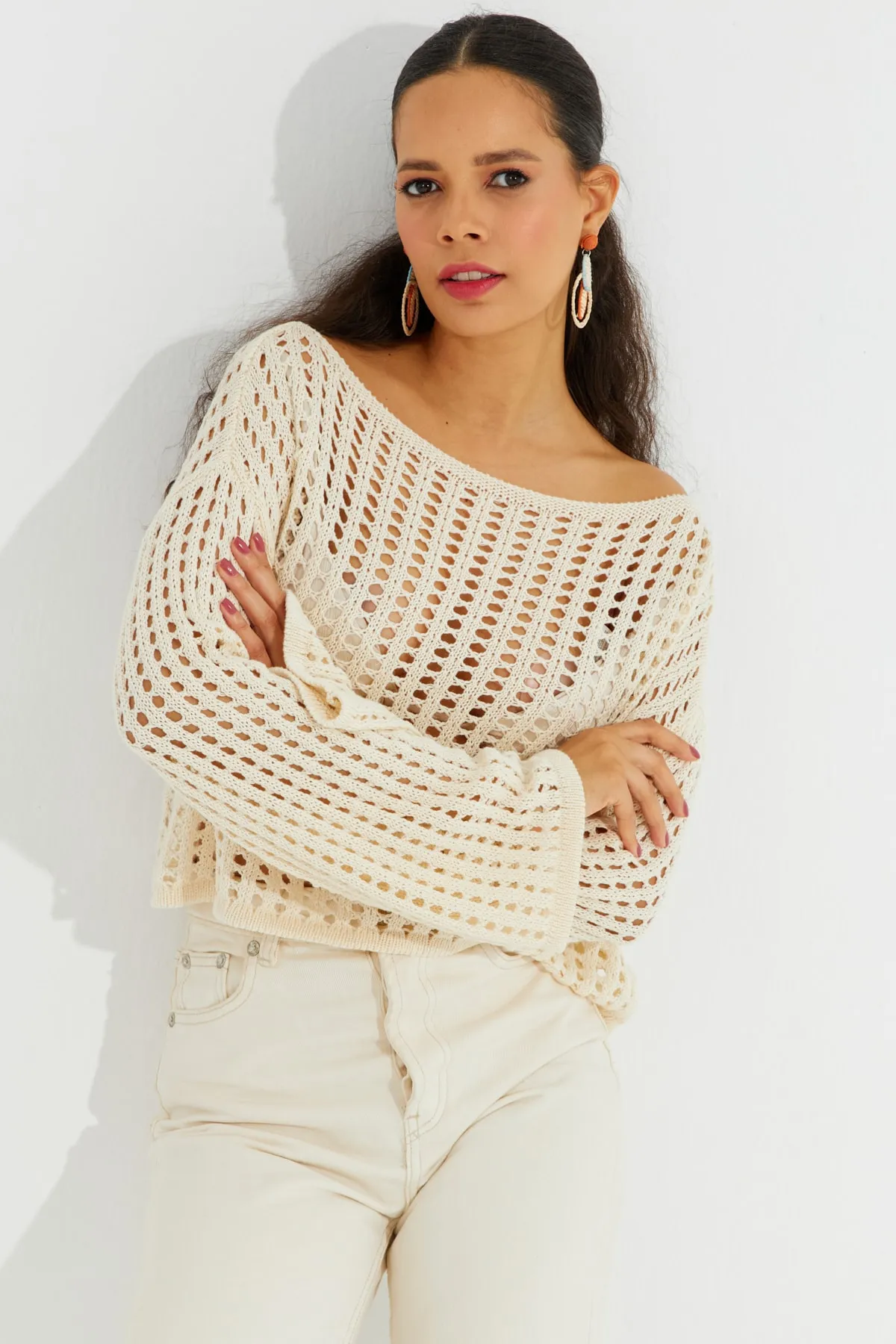 Cool & Sexy  Ecrufarbene, durchbrochene Strick-Kurzbluse mit spanischen Ärmeln für Damen SMT181