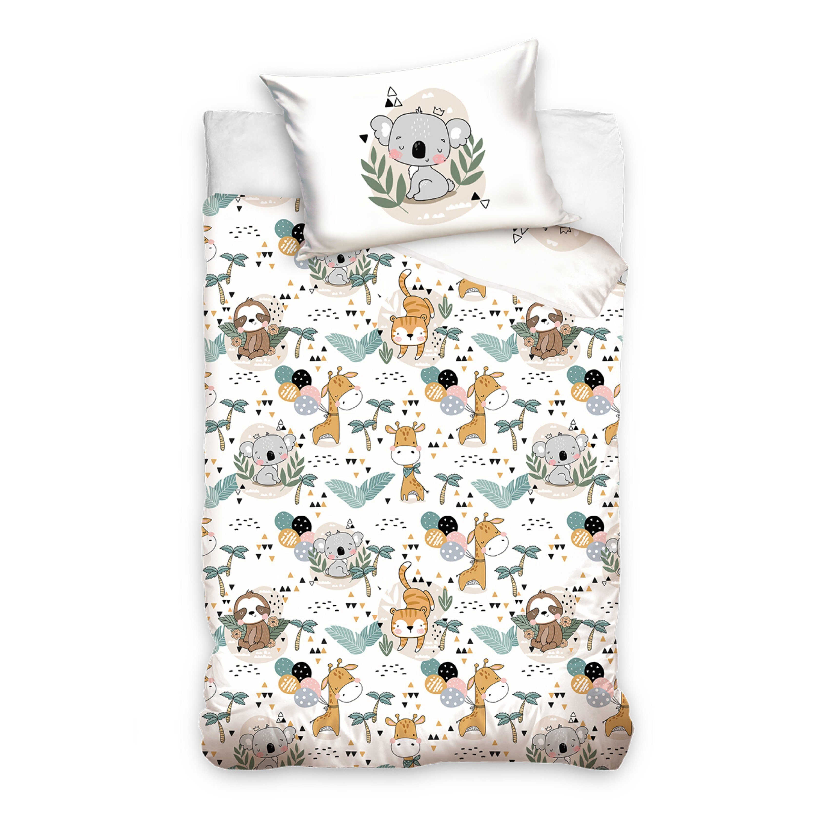 Babybettwäsche Tiere Koala Tiger Giraffe Faultier 100x135 + 40x60 cm, 100 % Baumwolle, MTOnlinehandel, Renforcé, 2 teilig, süße Kleinkinderbettwäsche mit Reißverschluss