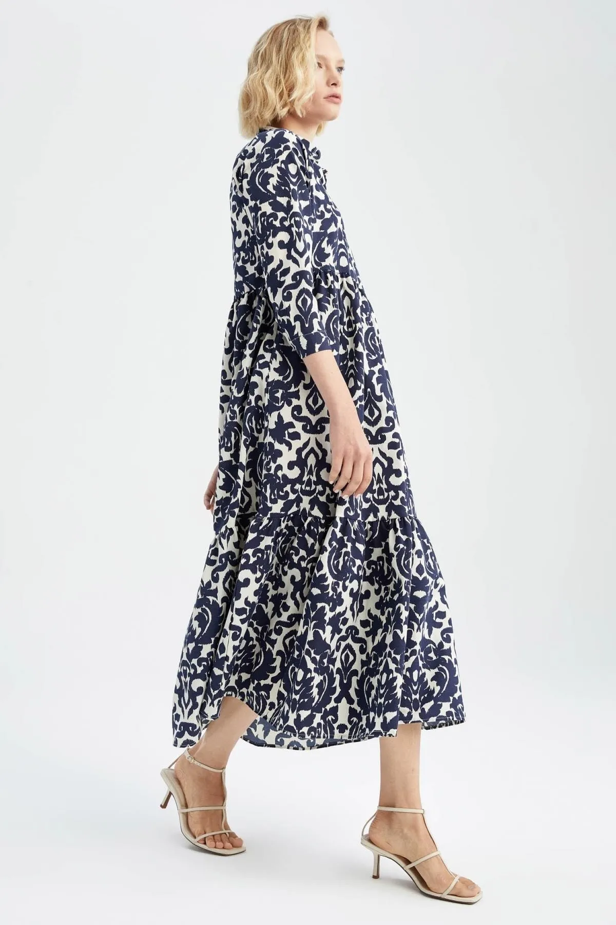DeFacto  Maxi-Langarmkleid mit Hemdkragen und Retro-Muster