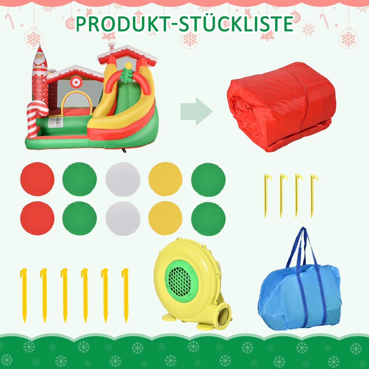 Outsunny Weihnachten Aufblasbare Hüpfburg mit Rutsche Ballgrube für 3 Kinder Springburg mit Gebläse für 3-8 Jahre Innenbereich Kindergarten Oxford-Gewebe Polyester Rot Grün Weiß 290 x 280 x 220 cm