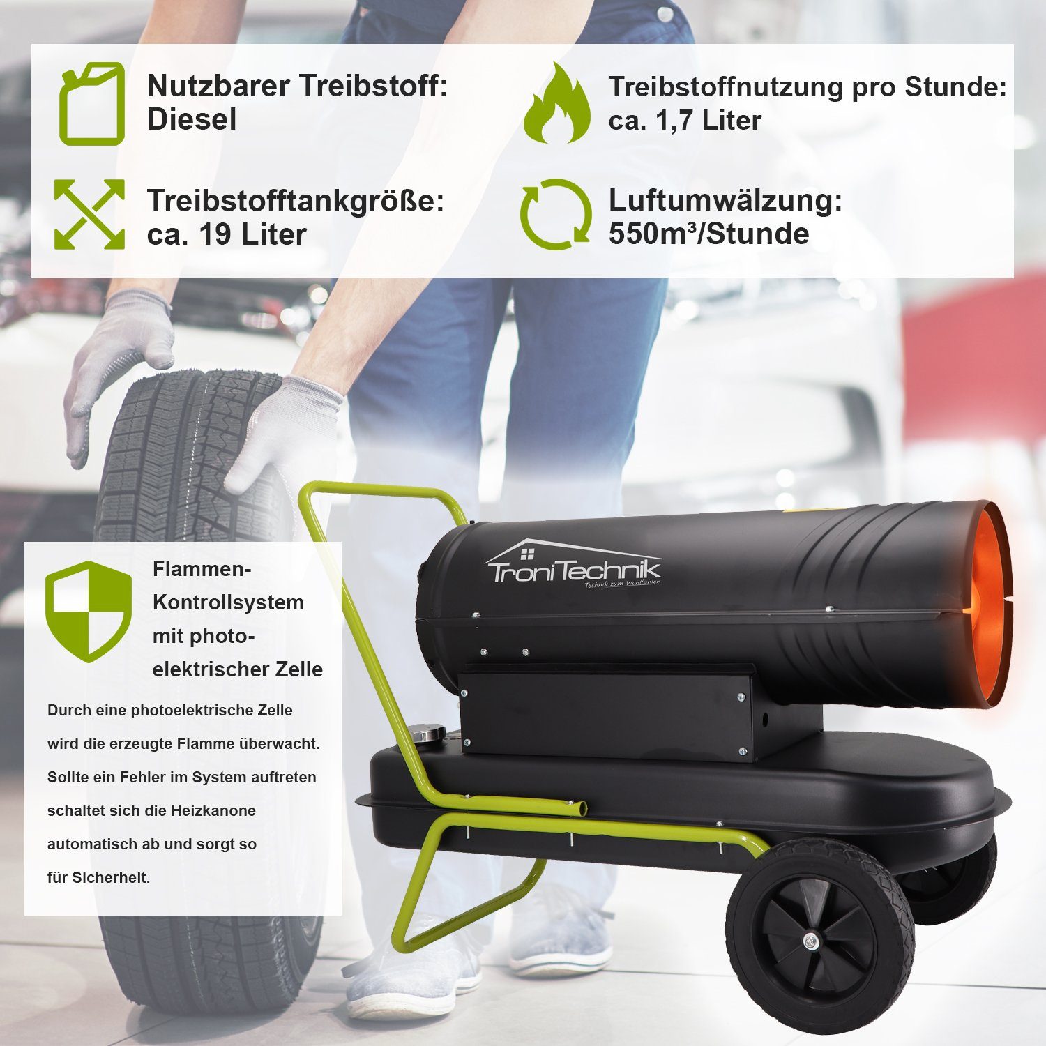 TroniTechnik Heizgerät Diesel Heizkanone, Heizgerät TT-HK-242,20kW Leistung,integrierter Tank, 20000 W, integrierte Druckanzeige, hitzeresistente Stahlkammer