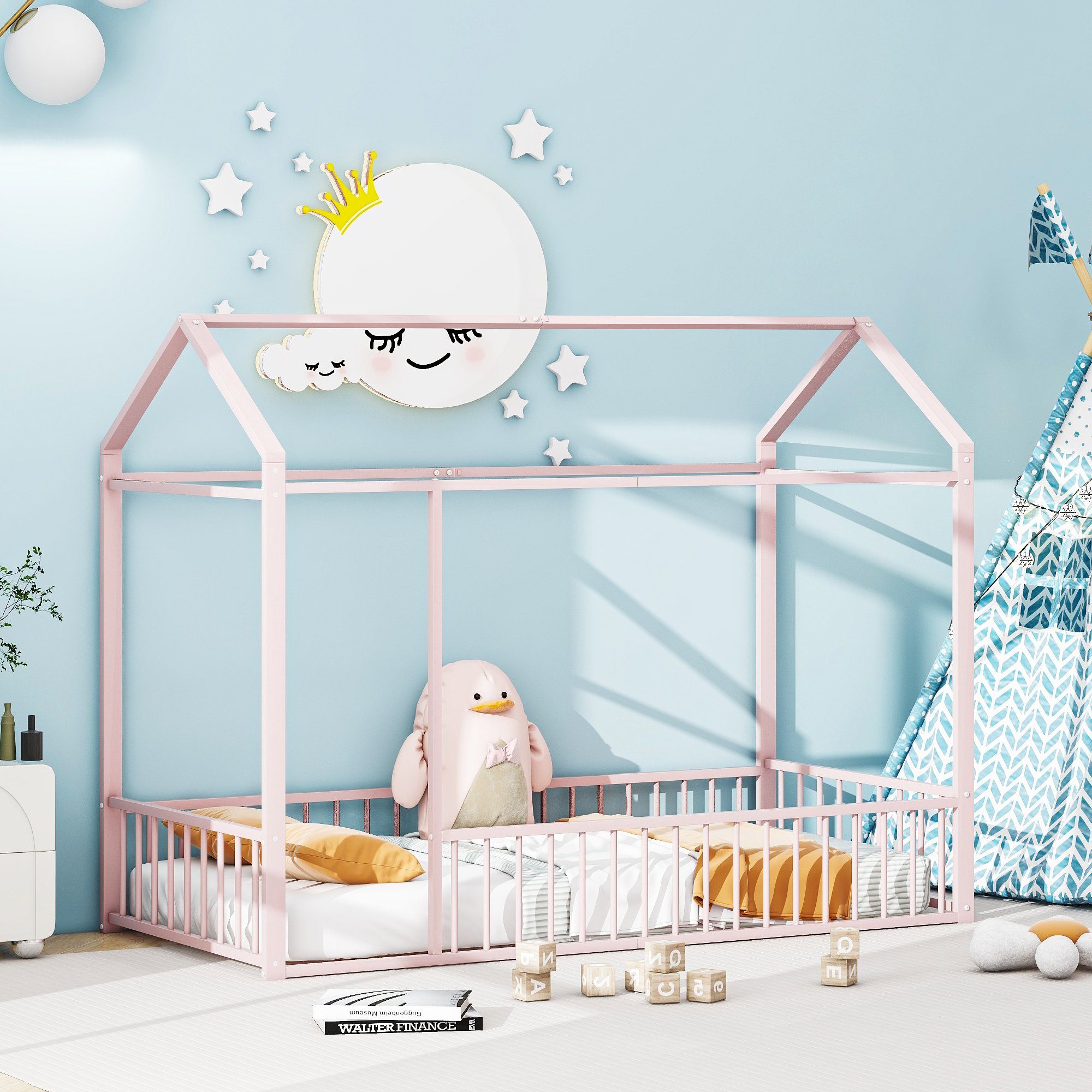 Celya Metallbett Kinderbett Hausbettrahmen mit Zaun für Kinder, Teenager, Mädchen, Jungen, 90 x 200cm, Rosa