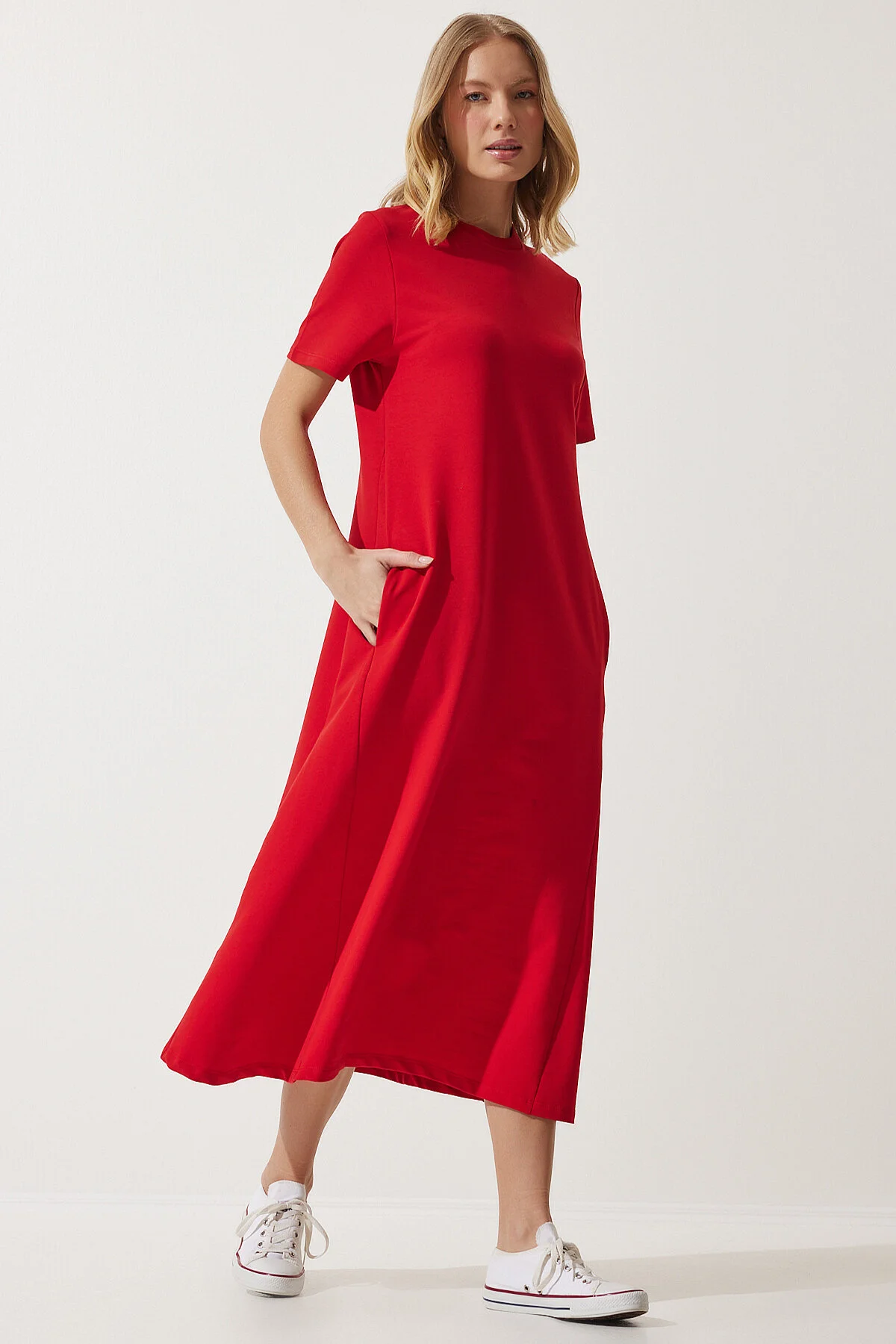 Happiness İstanbul  Rotes A-Linien-Sommerkleid für Damen aus gekämmter Baumwolle UB00060