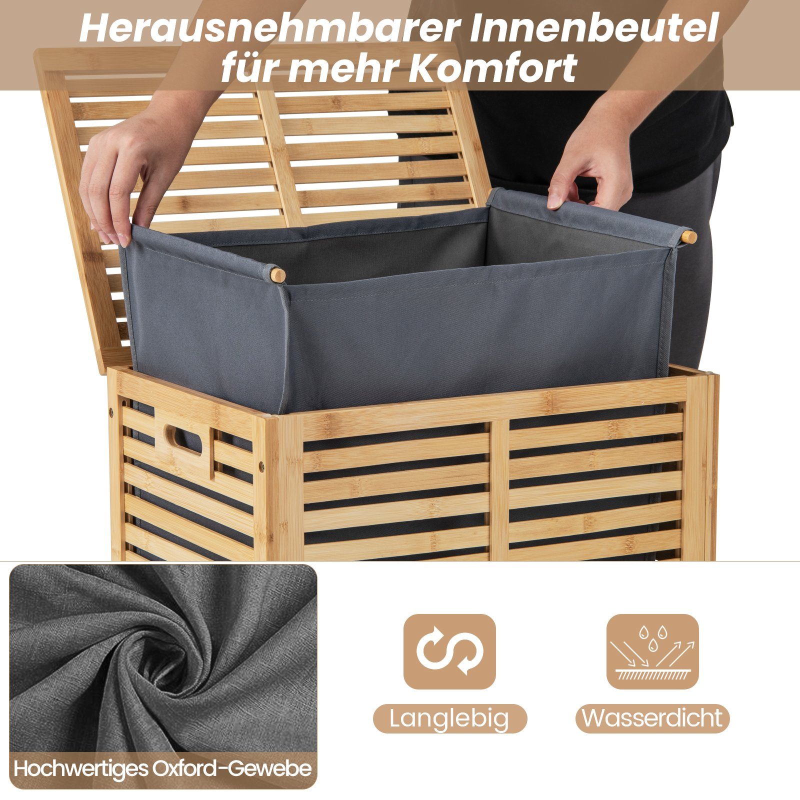 COSTWAY Wäschekorb, Bambus, 80L, mit Deckel & ausnehmbarem Wäschesack, Natur