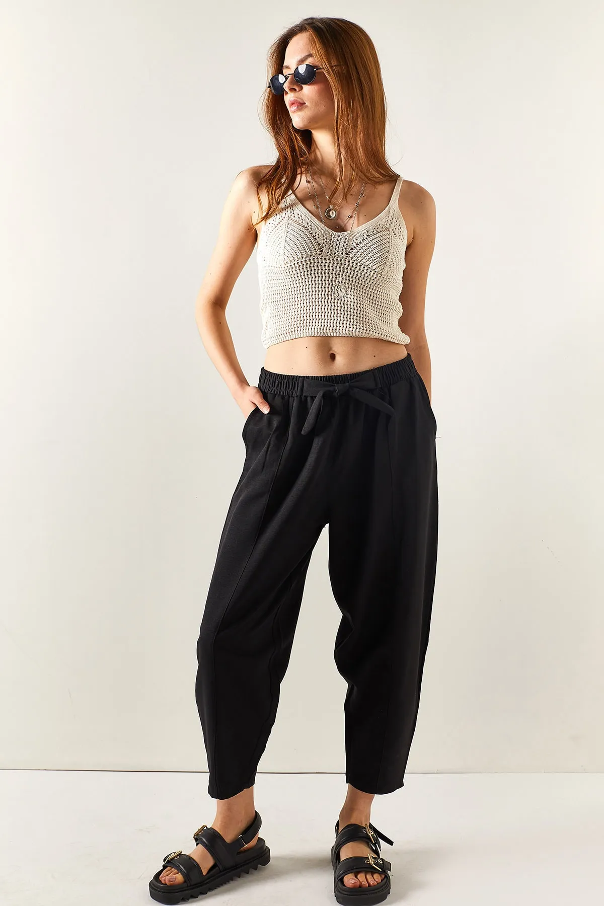 Olalook  Schwarze Damen-Shalwar-Hose aus Leinen mit Taschen und Nähten, PNT-19000234