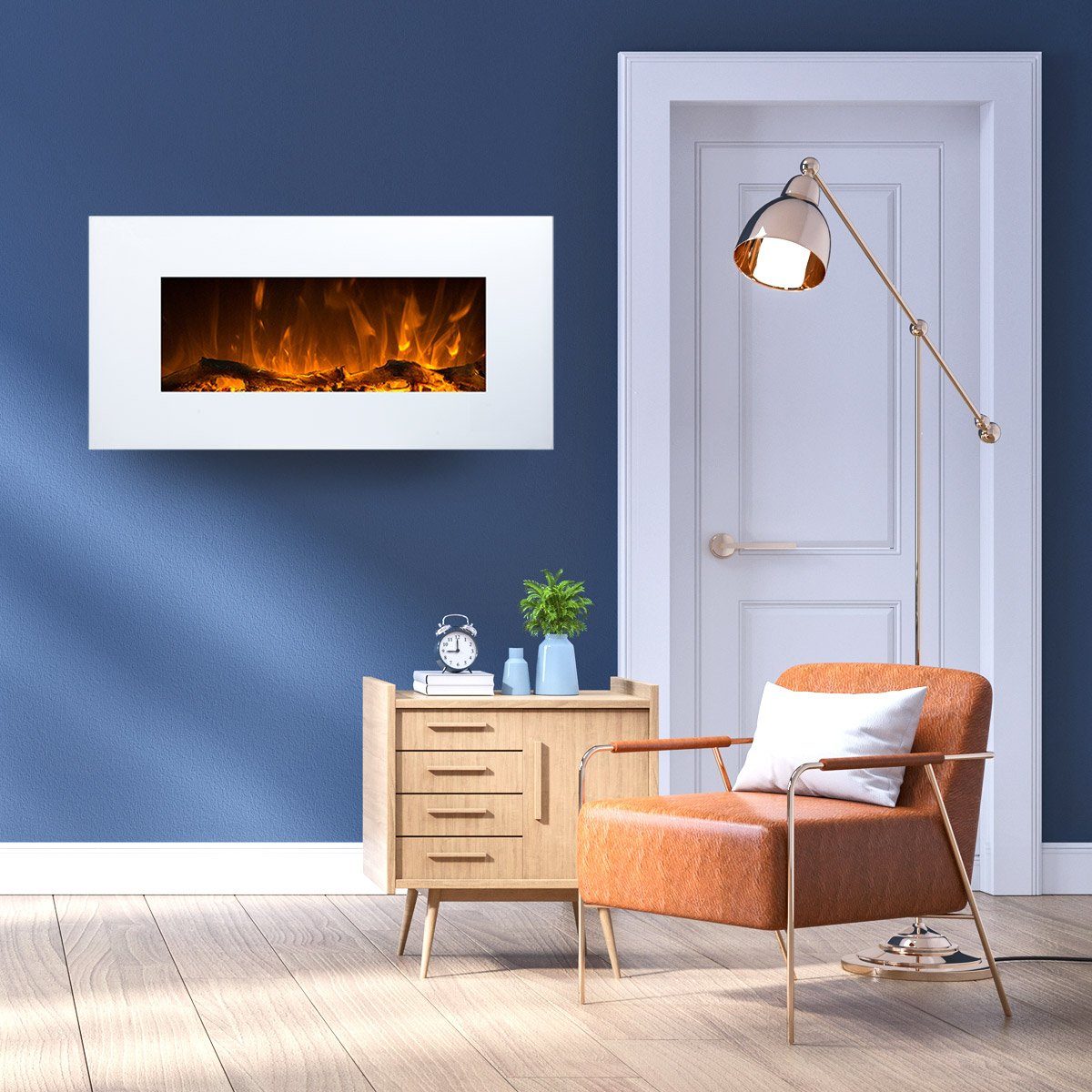 GARLIVO Elektrokamin Wall, mit Heizung, Wandkamin mit LED, Künstliches Feuer mit zuschaltbarem Heizlüfter: 750/1500 W, Fernbedienung, 84 cm, Weiß