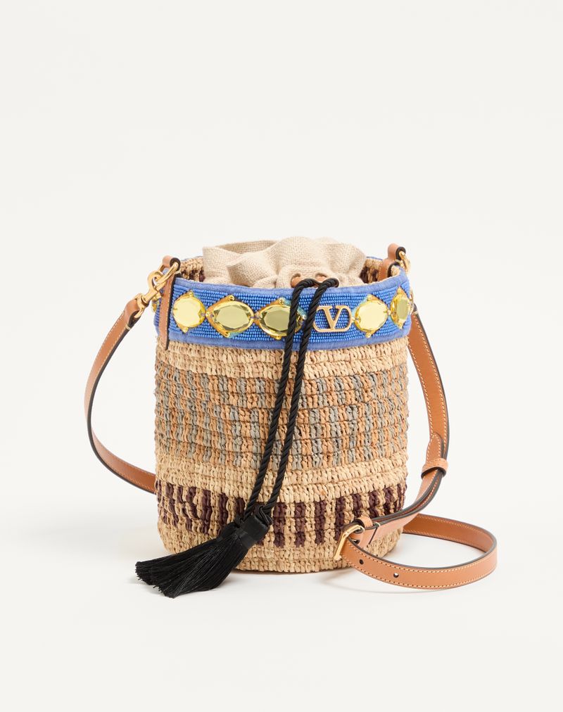 Valentino Garavani lille broderet raffia-buckettaske