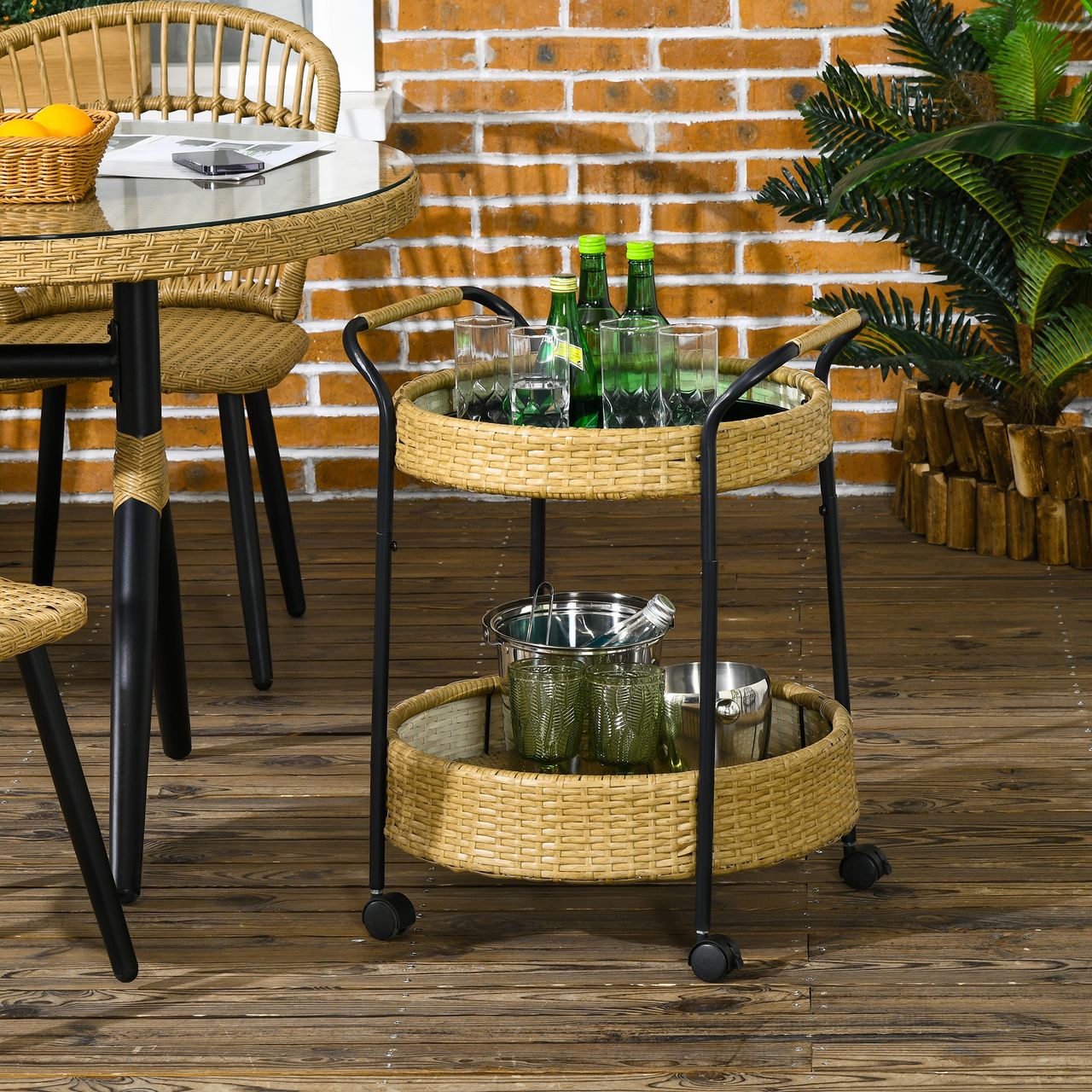 Outsunny Servierwagen Rattan Gartenrollwagen Trolley mit 2 Regalen Natur