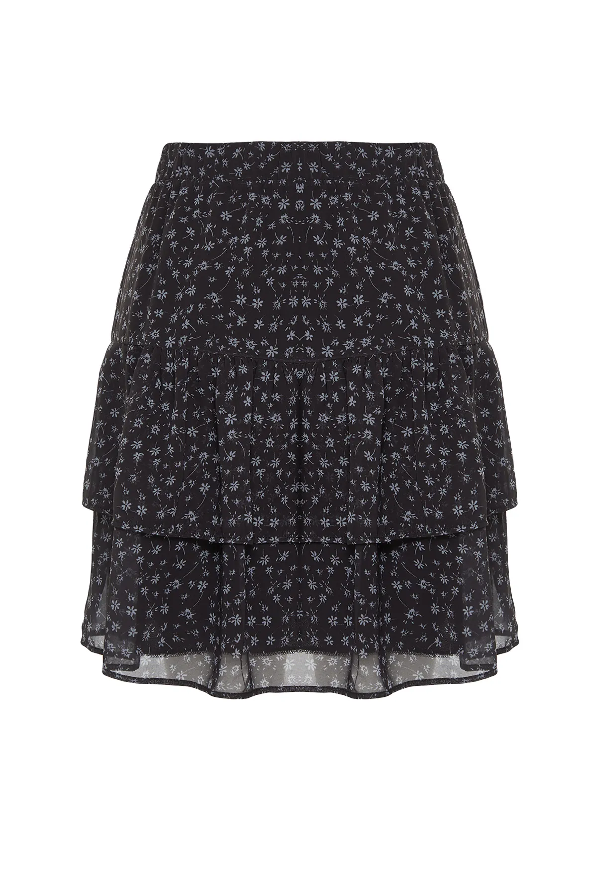 Trendyol Curve  Schwarzer Blumenrock mit Rüschen, Mini-Webrock TBBSS24AZ00050