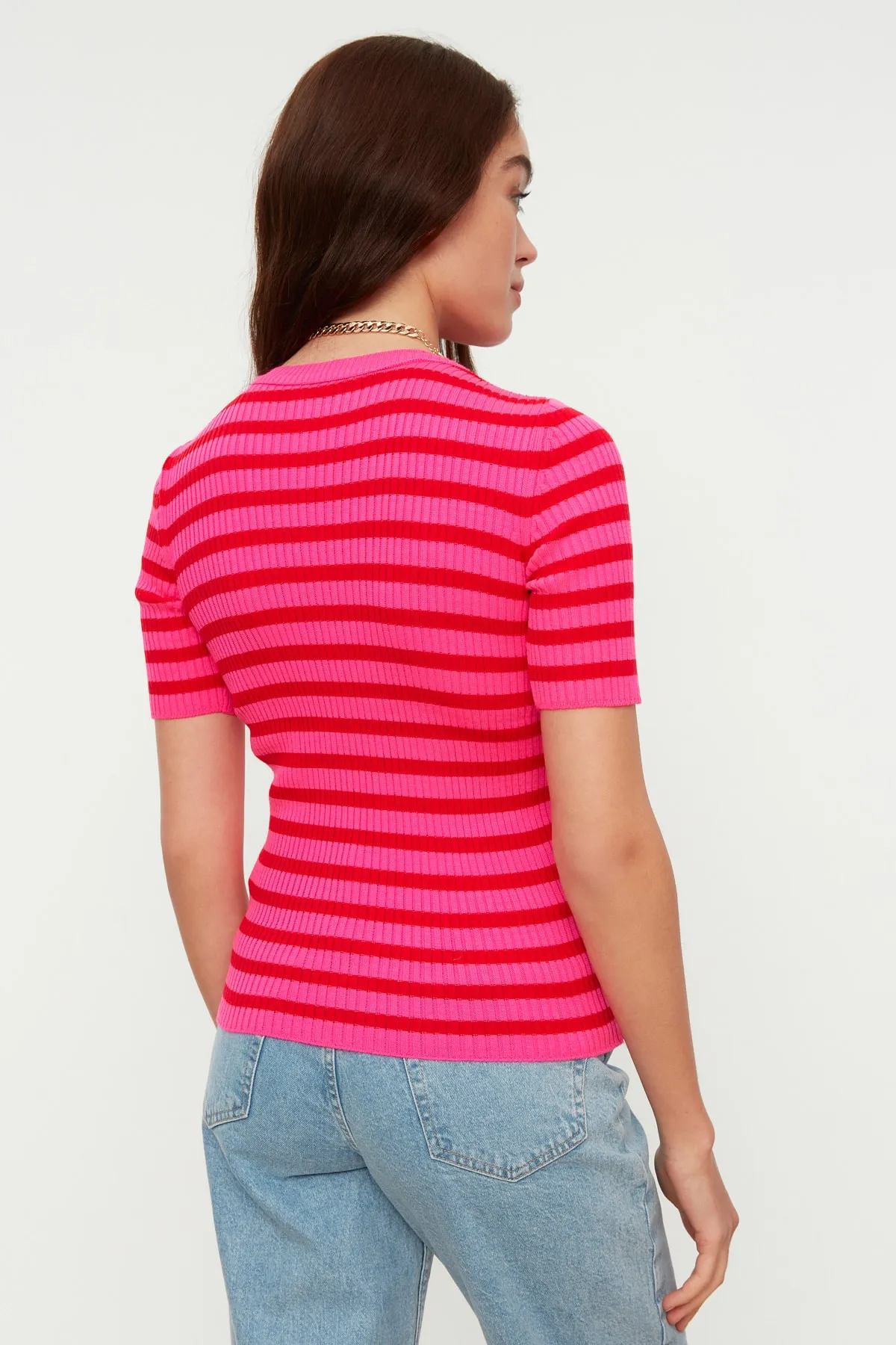 Trendyol Collection  Fuchsia Basic Gestreifter Strickpullover TWOSS20KZ0075