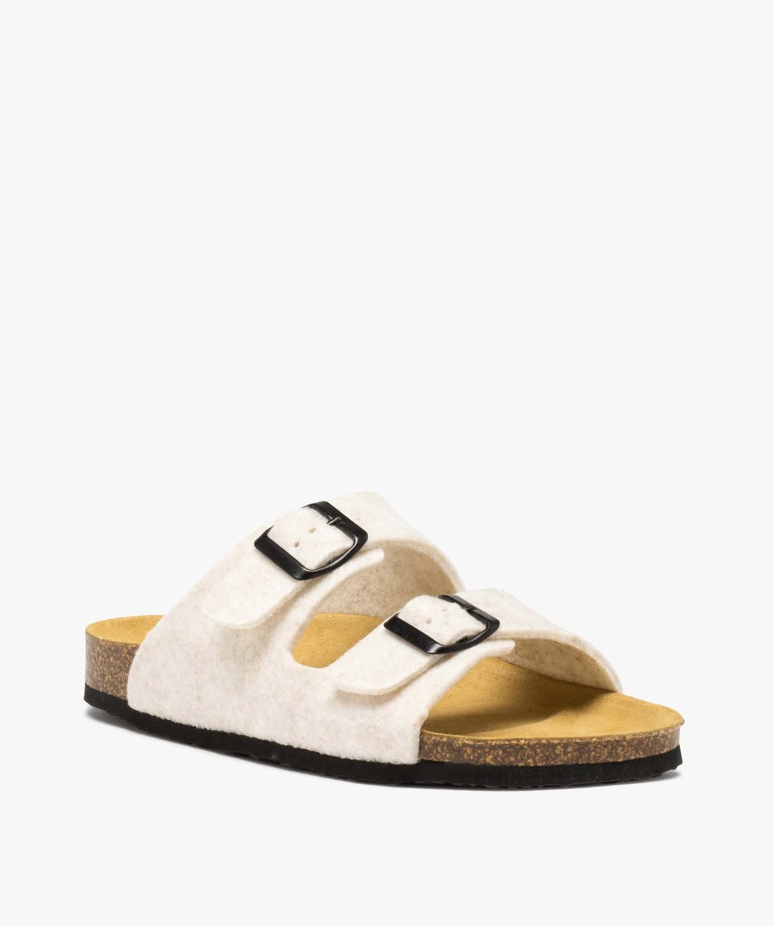 Chaussons femme mules en feutrines avec brides à boucle beige | GEMO