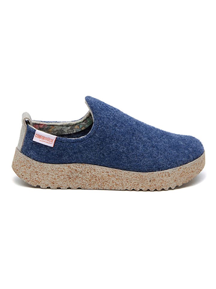 Comfortfusse Woll-Hausschuhe in Blau/ Beige günstig kaufen