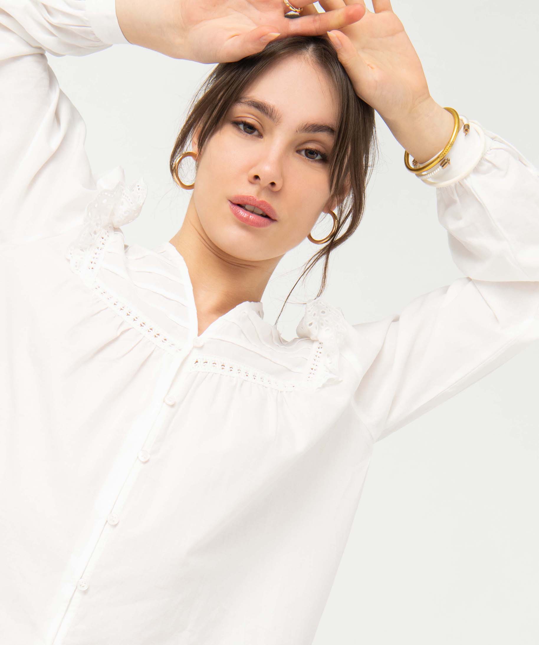 Blouse femme à boutons et plastron dentelle ecru | GEMO
