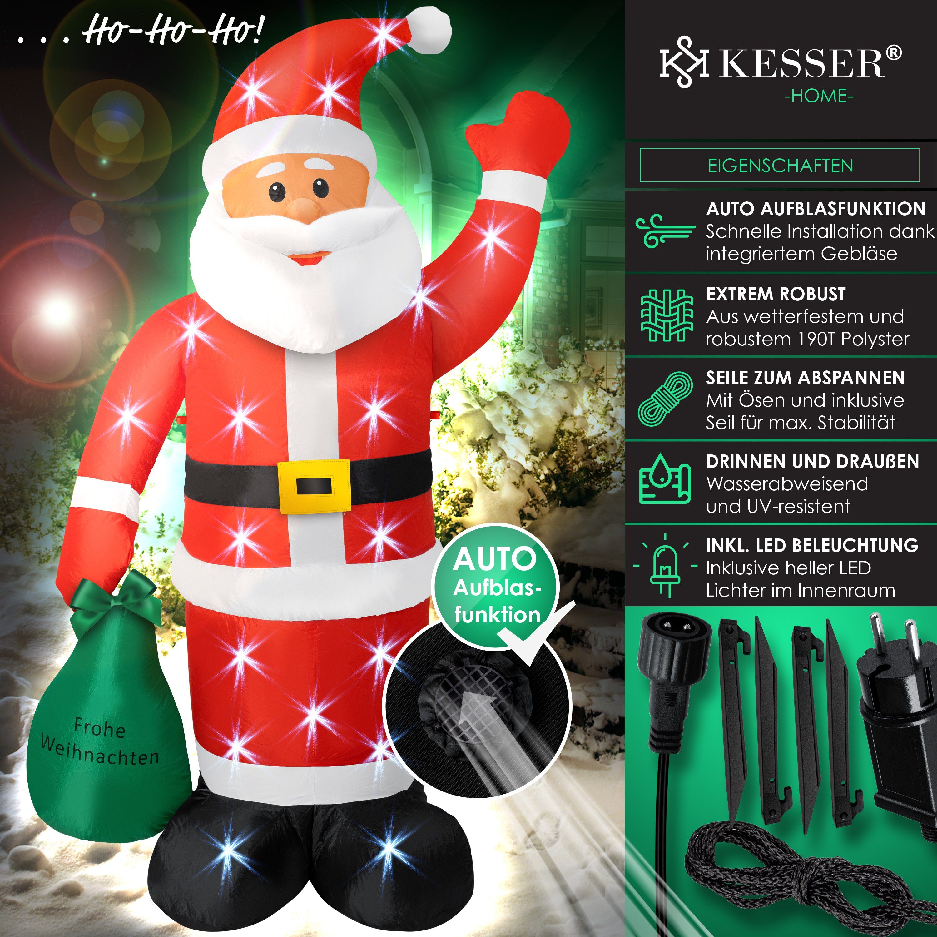 KESSER Weihnachtsfigur, Aufblasbarer Weihnachtsmann XXL LED beleuchtet + Befestigung