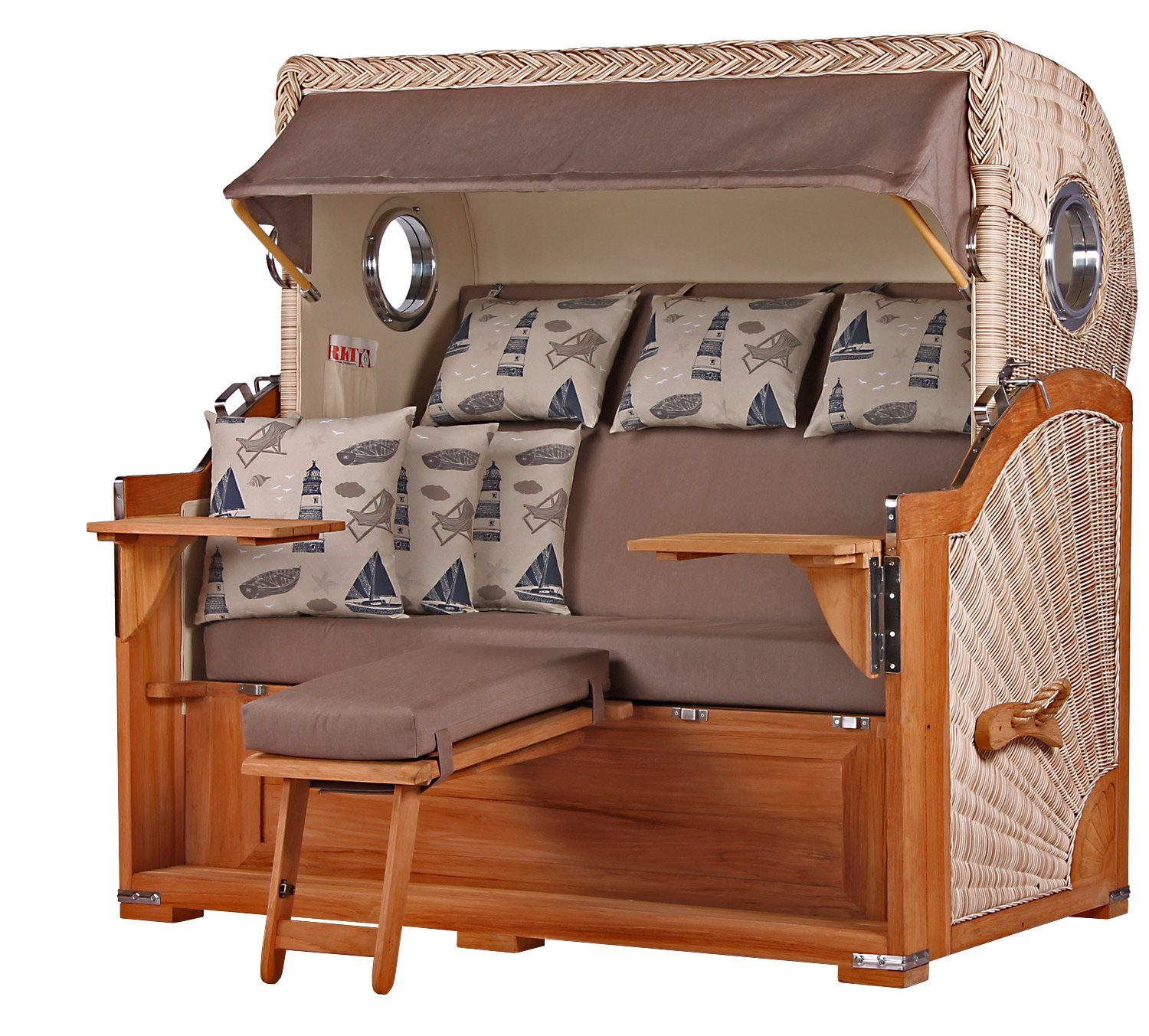 bene living Strandkorb Königssee 3-Sitzer Teak - PE shell - Modell 540, BxTxH: 170x95x170 cm, Volllieger ca. 175 Grad, Ostsee-Strandkorb, inkl. Liftersystem und Bullaugen