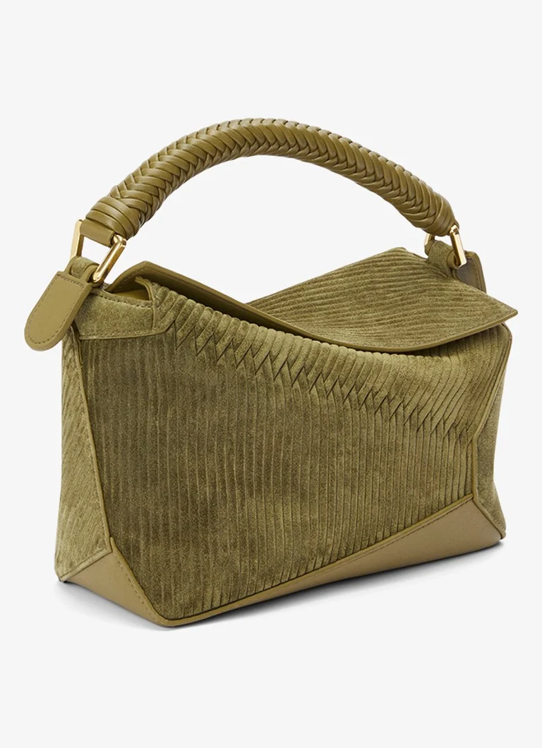 Geantă mică din piele întoarsă cu piese de puzzle și ornamente cu diamante de la LOEWE