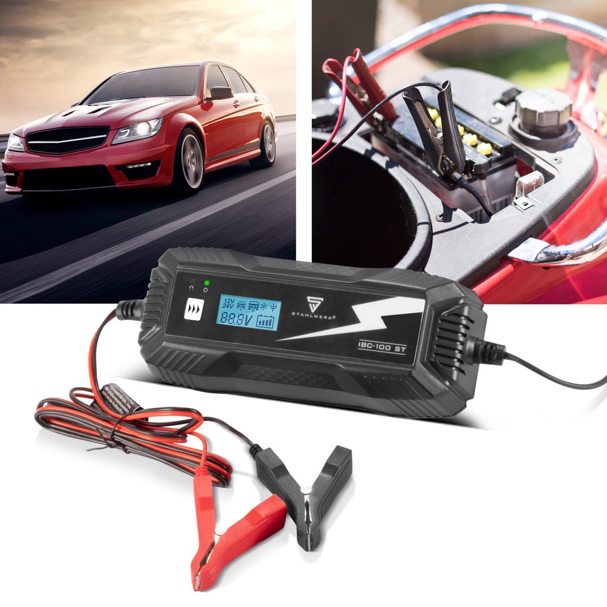 STAHLWERK Batterieladegerät IBC-100 ST mit Mikroprozessor Autobatterie-Ladegerät (Packung, 1-tlg., Das Batterieladegerät verfügt über einen Überladungs-, Polungs- und Kurzschlussschutz., und 10 Lademodi für 12V/24V AGM, VRLA, MF, SLA und GEL-Batterie