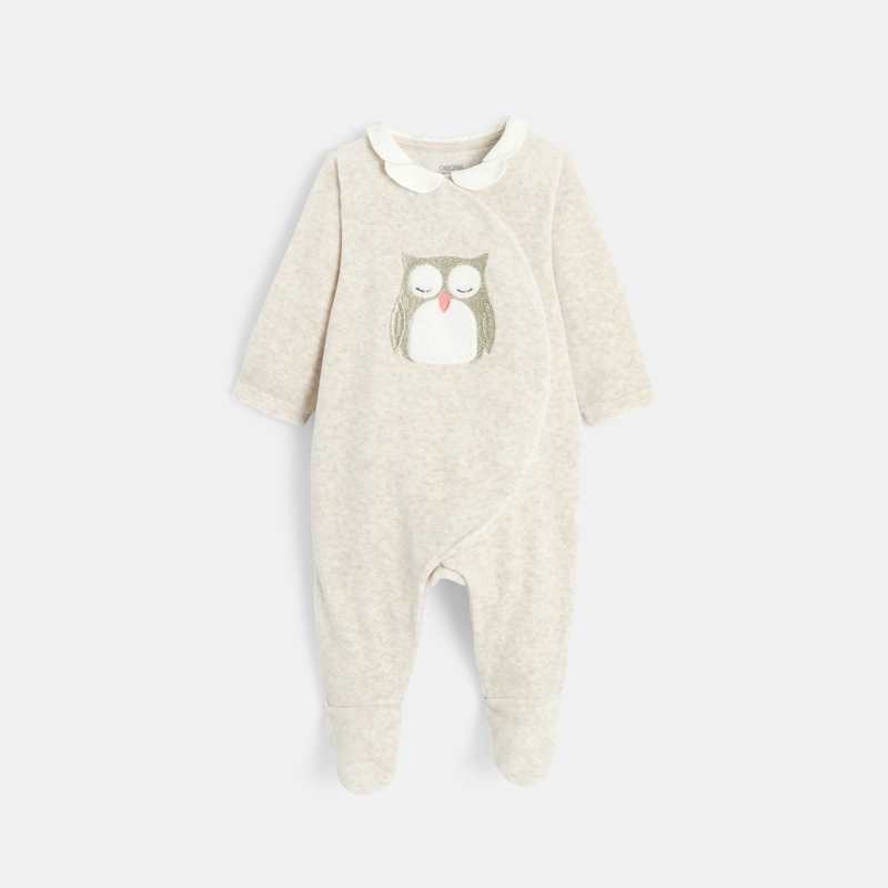 Dors-bien hibou en velours beige bébé fille
