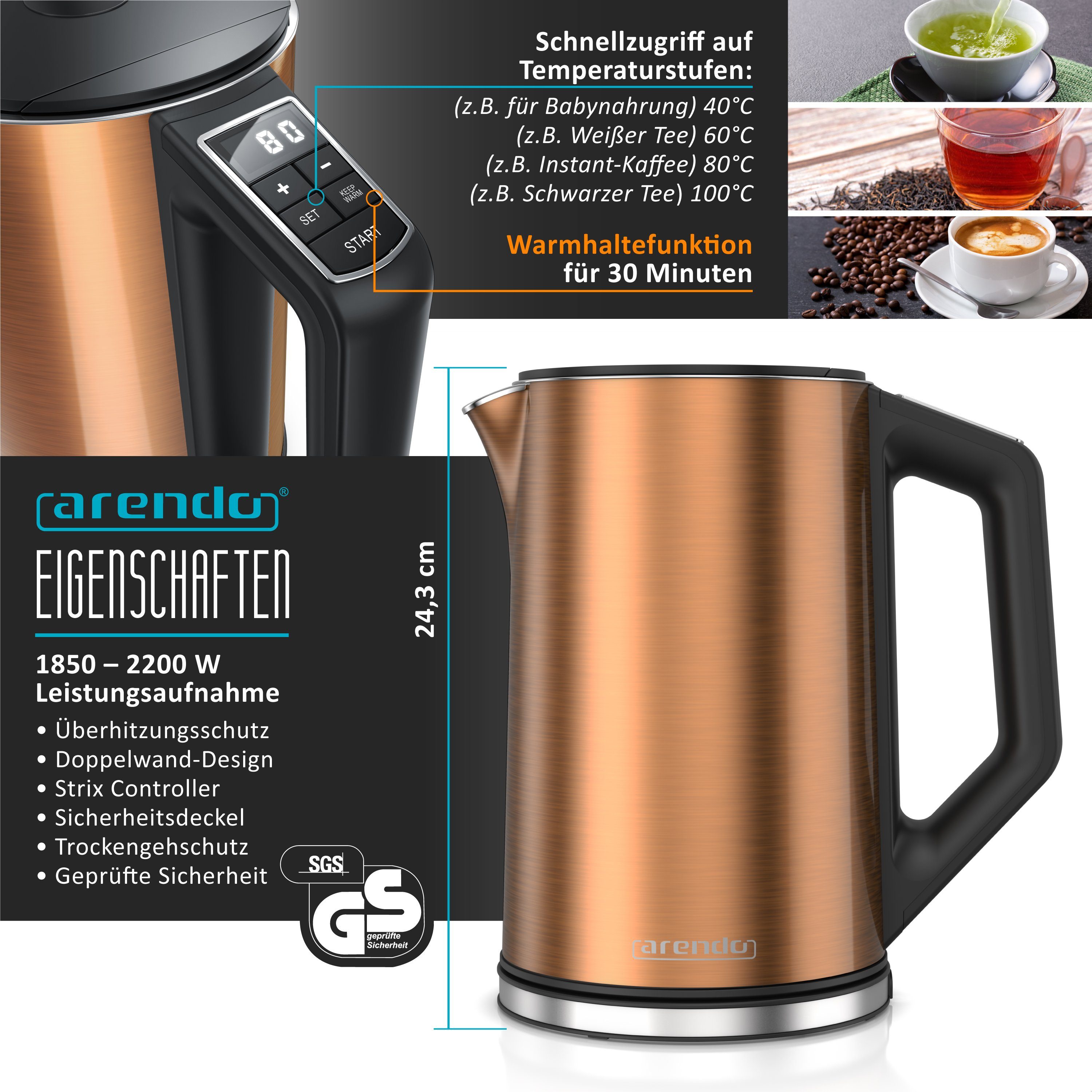 Arendo Frühstücks-Set (3-tlg), Wasserkocher 1,5l, 2-Scheiben Toaster, 3er Eierkocher, Kupfer