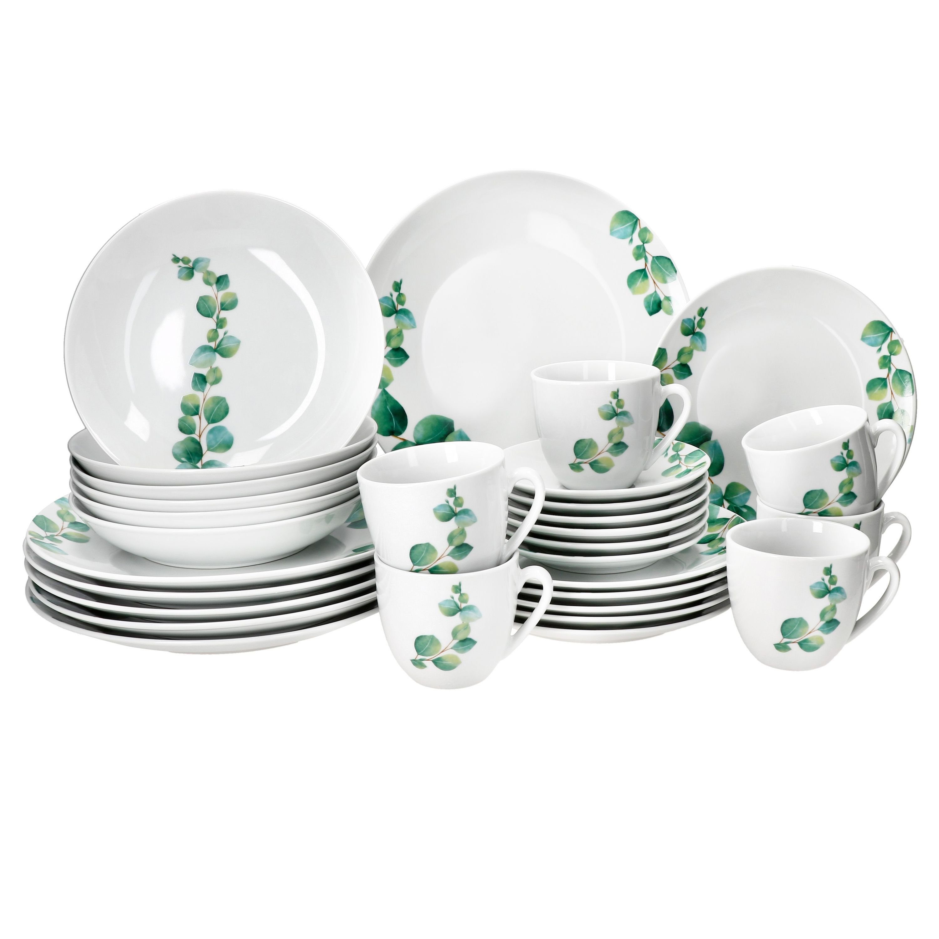 MamboCat Kombiservice 30tlg Kombiservice Eukalyptus Porzellan 6 Personen Tassen Teller, Porzellan