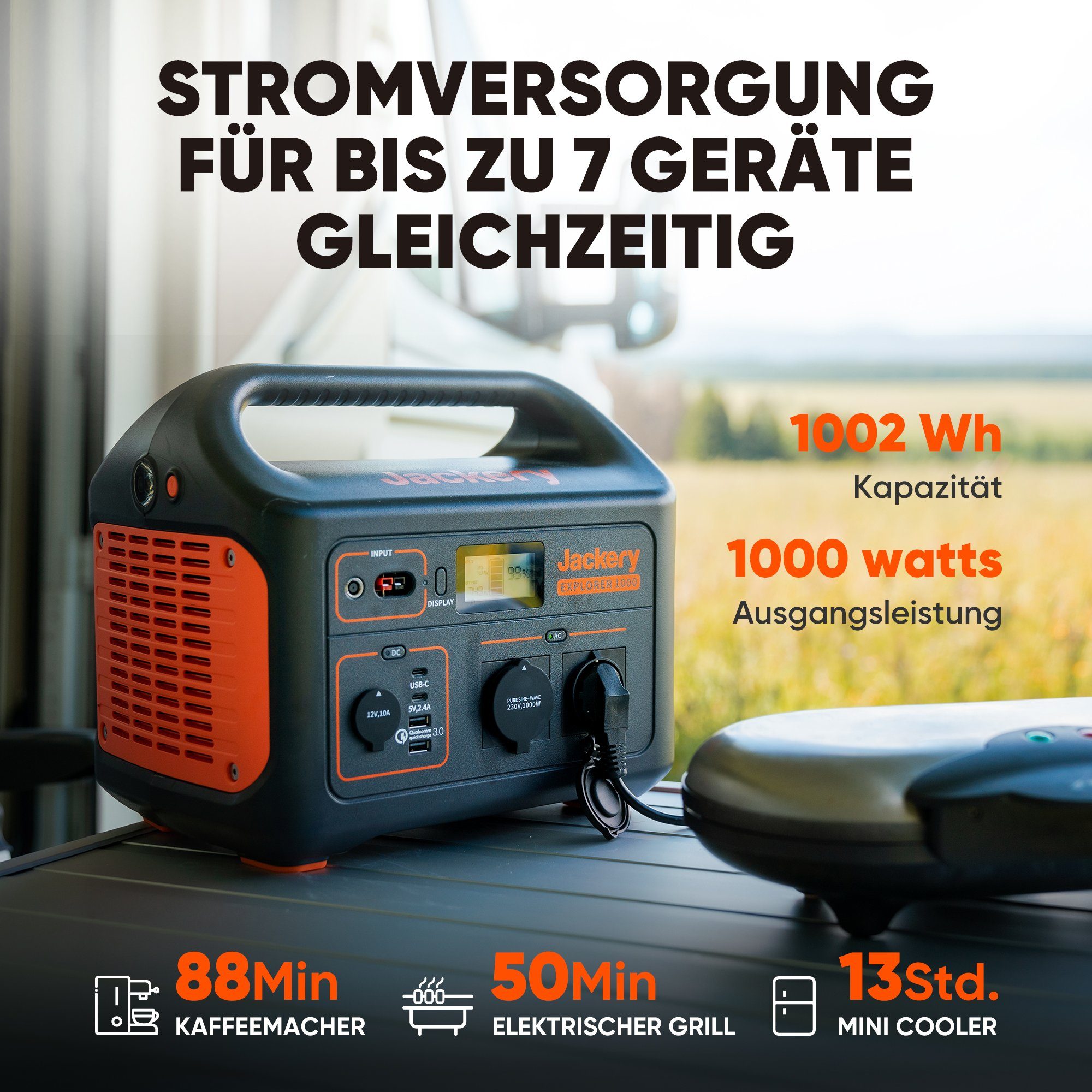 Jackery Stromgenerator Explorer 1000 Powerstation 1002Wh Tragbarer Solargenerator, 2,00 in kW, (1-tlg), für Camping Outdoor