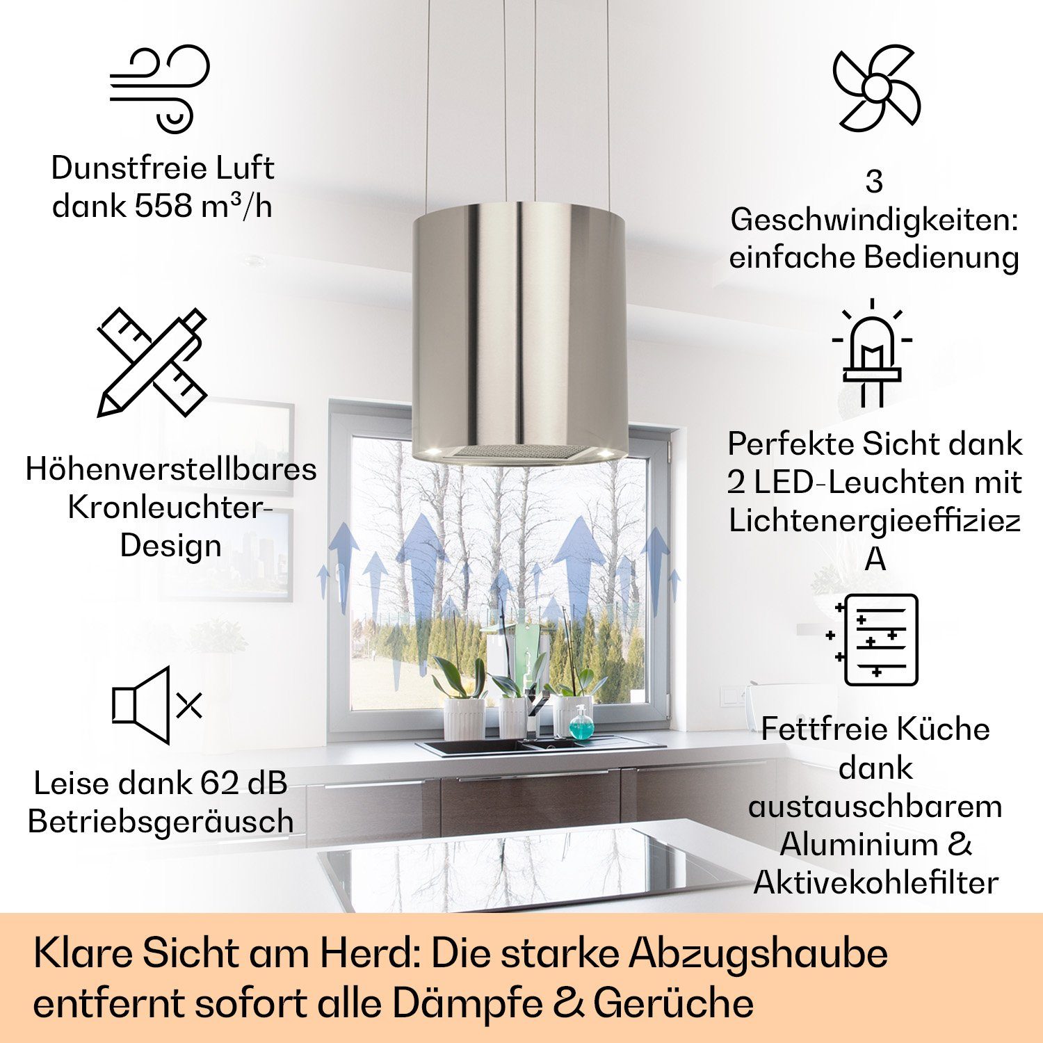 Klarstein Deckenhaube Serie TK15-Barett-SS Barett, Abzugshaube Insel Abluft Umluft Haube Dunstabzug Dunstabzugshaube