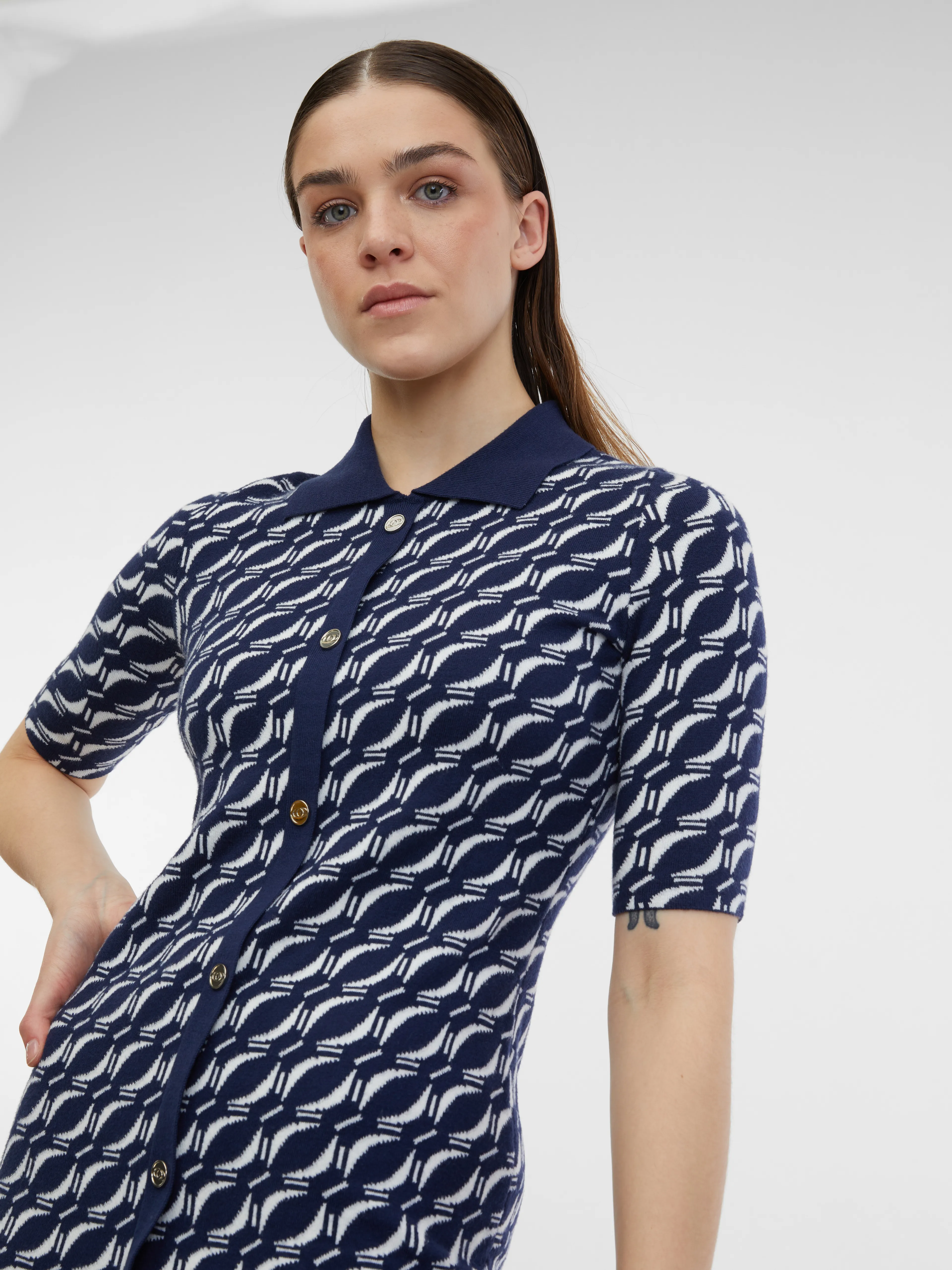 Dunkelblaues gemustertes Damen-Pulloverkleid ORSAY