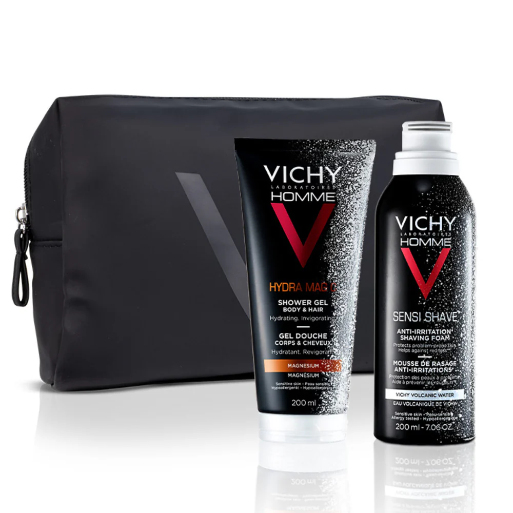 Vichy Homme miesten lahjasetti Hydra Mag C -suihkugeeli + Sensi-parranajovaahto - Kasvoille ja vartalolle, kylpy- ja suihkulahjasetit
