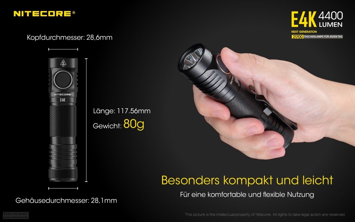 Nitecore LED Taschenlampe E4K - 4400 Lumen Taschenlampe, Akku Lampe (1-St)