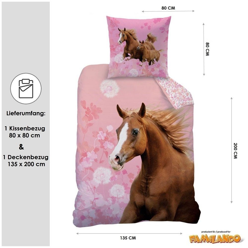 Kinderbettwäsche Pferde Bettwäsche Set 135x200 + 80x80cm aus 100% Baumwolle, Familando, Renforcé, 2 teilig, mit geblümter Wendeseite in zarten Rosa Tönen