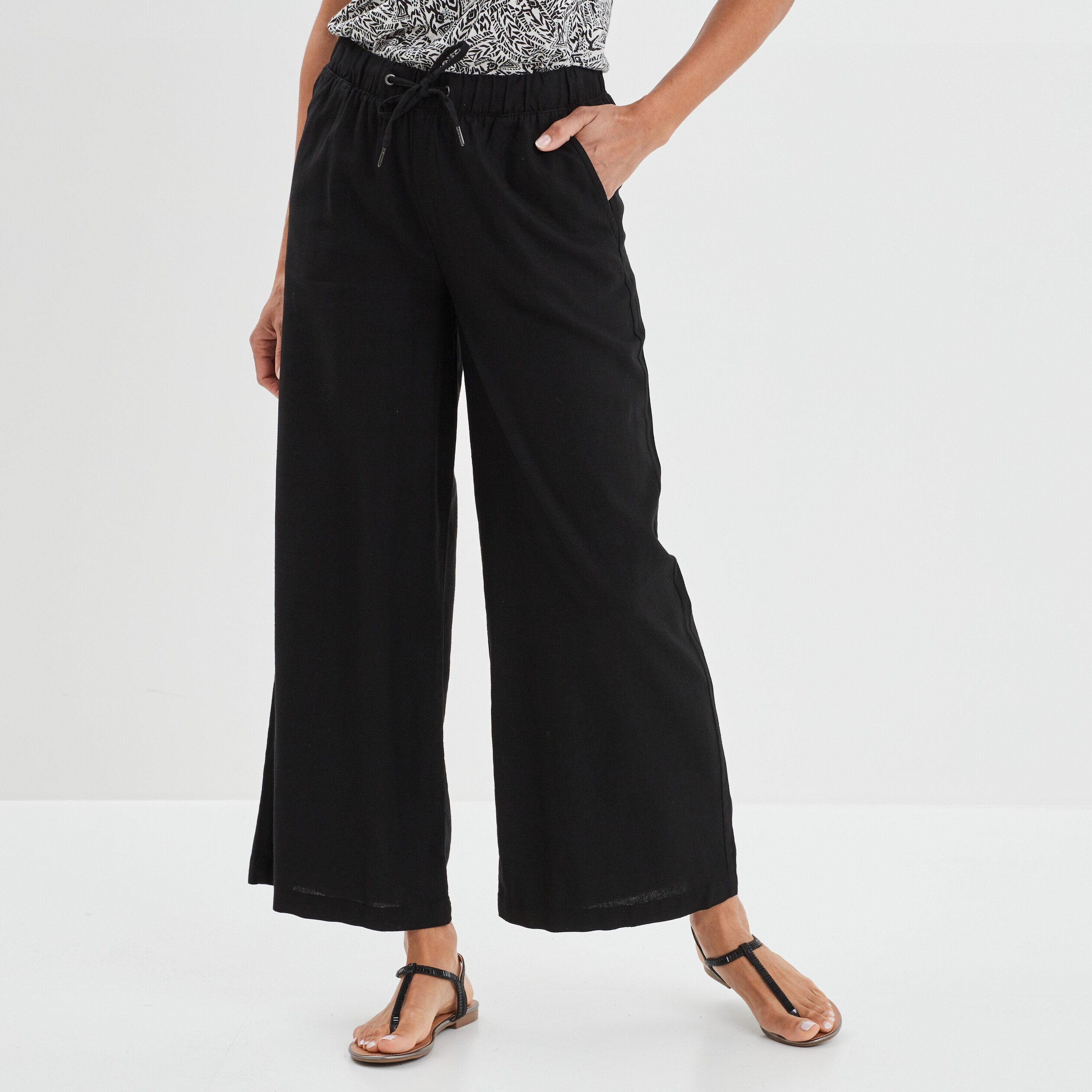 Pantalon large en lin majoritaire noir femme | La Halle