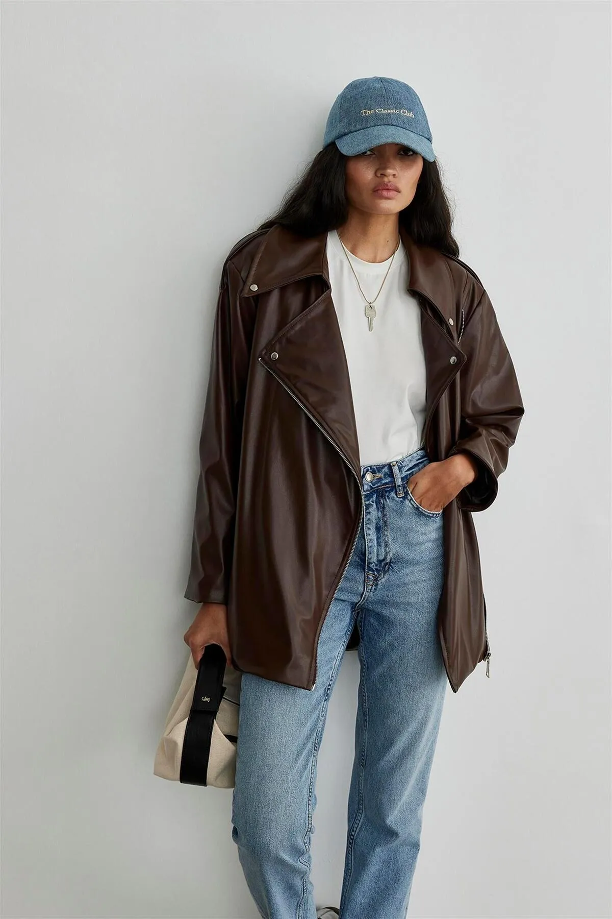 Suud Collection  Brauner Biker-Trenchcoat aus Leder