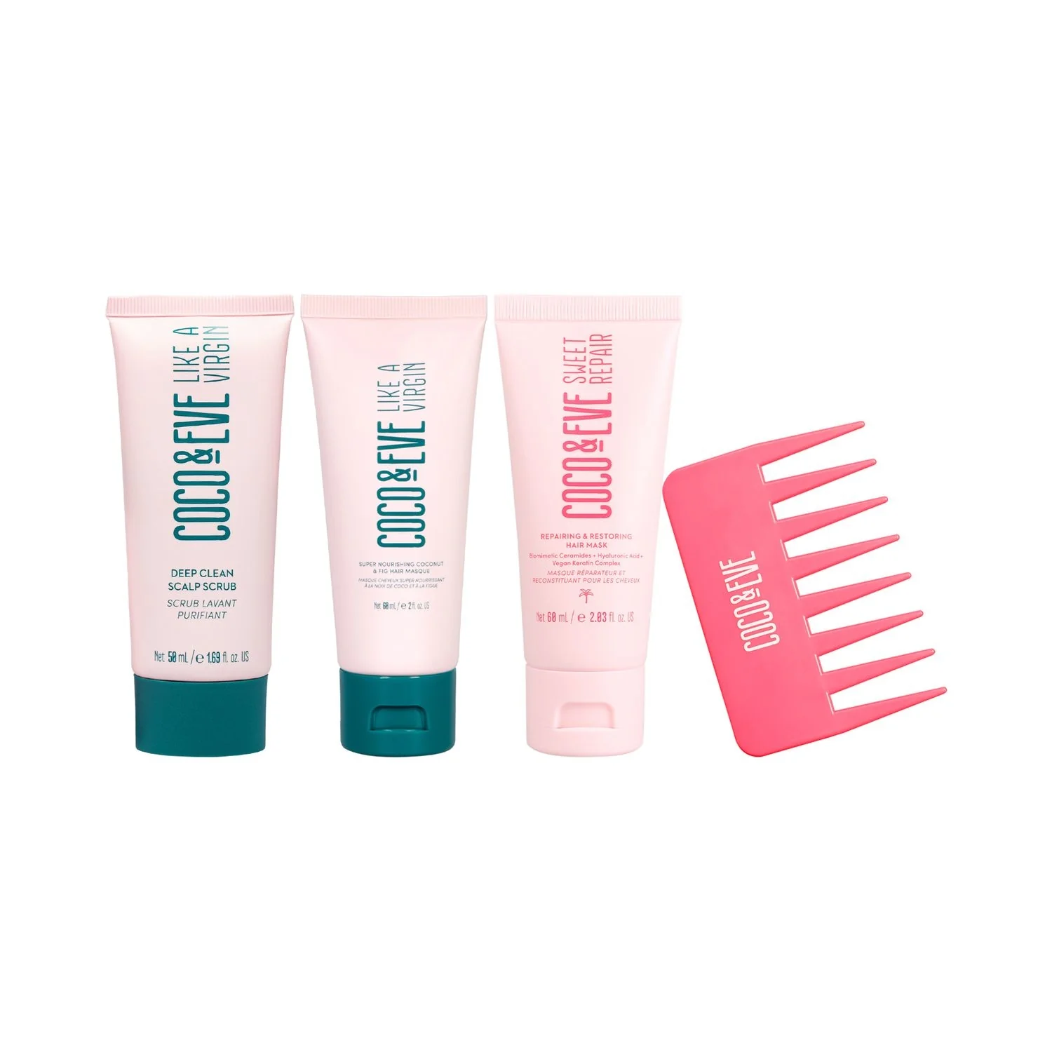 Kit de viaje para el cabello Like A Virgin: sets para el cabello, mascarilla reparadora, mascarilla nutritiva y exfoliante capilar.