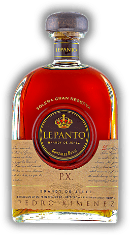 Gonzalez Byass Lepanto Pedro Ximenez Gonzalez Byass Lepanto Pedro Ximenez Der exzellente González Byass Lepanto Gran Reserva Pedro Ximénez wird produziert aus sorgfältig ausgewählten Weinen. 0,7	 Liter - Vol 36%
