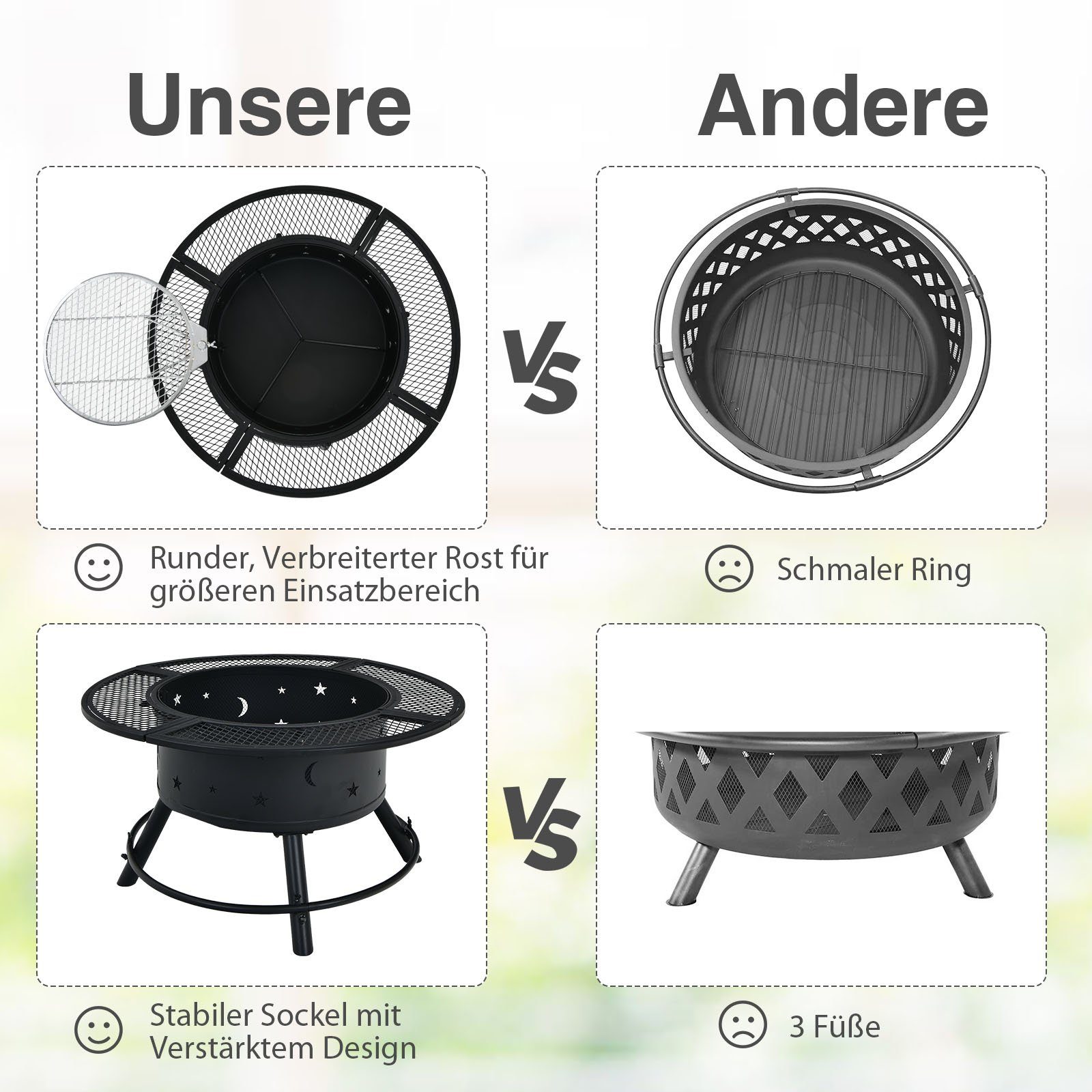 COSTWAY Feuerschale, Ø49cm, mit 360°Grillrost, höheverstellbar, mit Schürhaken