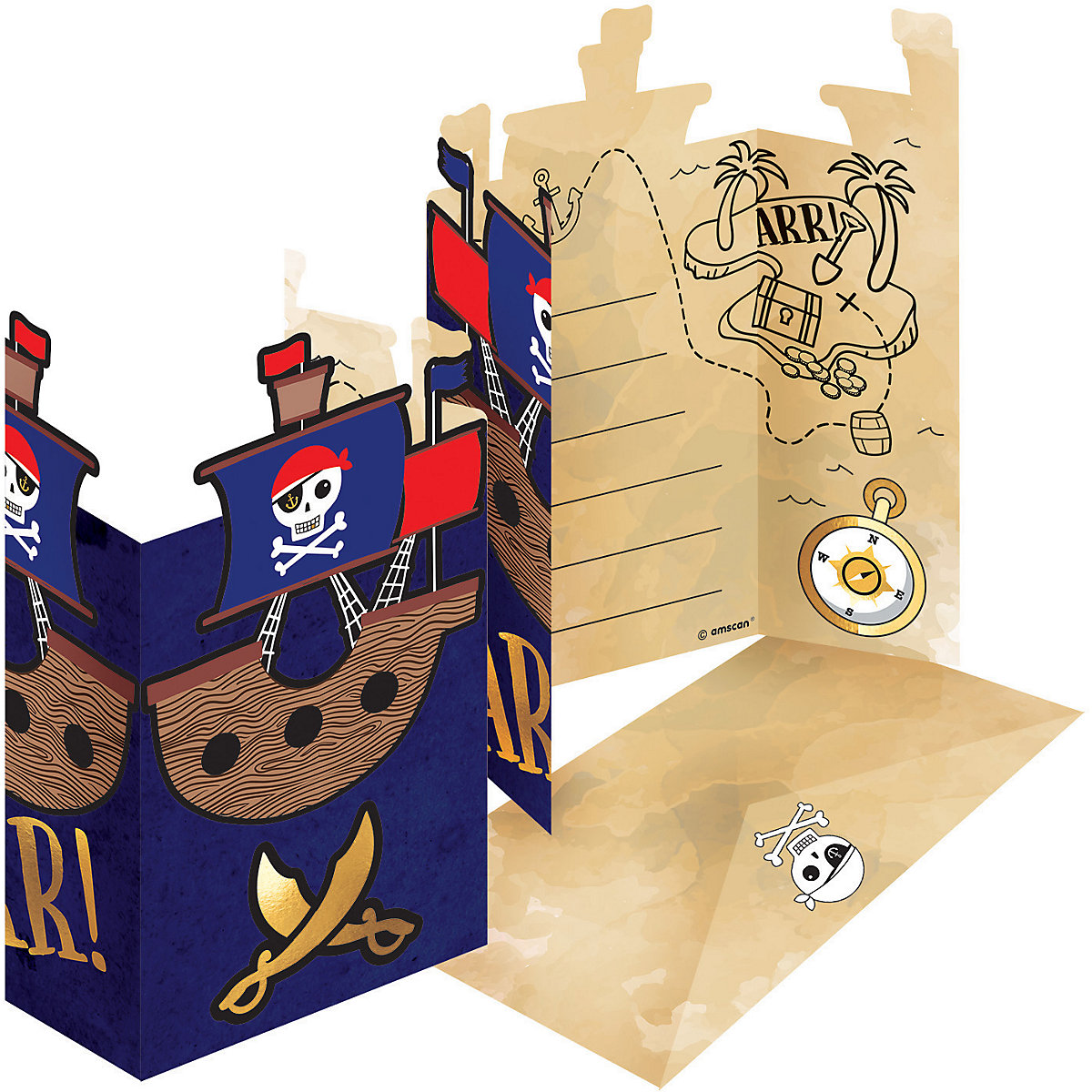 8 Einladungskarten & Umschläge Pirates Map Papier