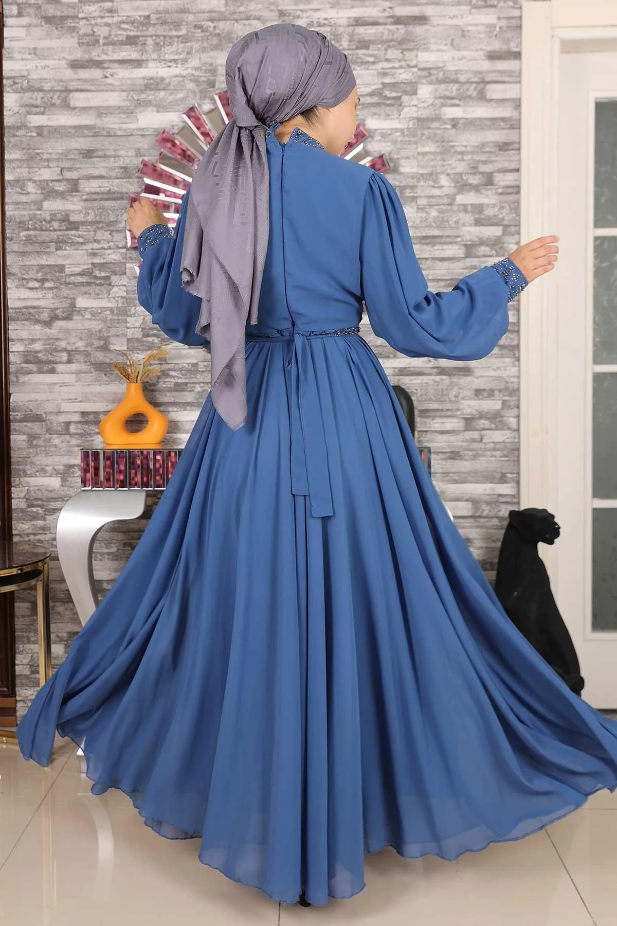 Modamihram  Steindetailliertes Chiffon-Abendkleid Indigo 19109