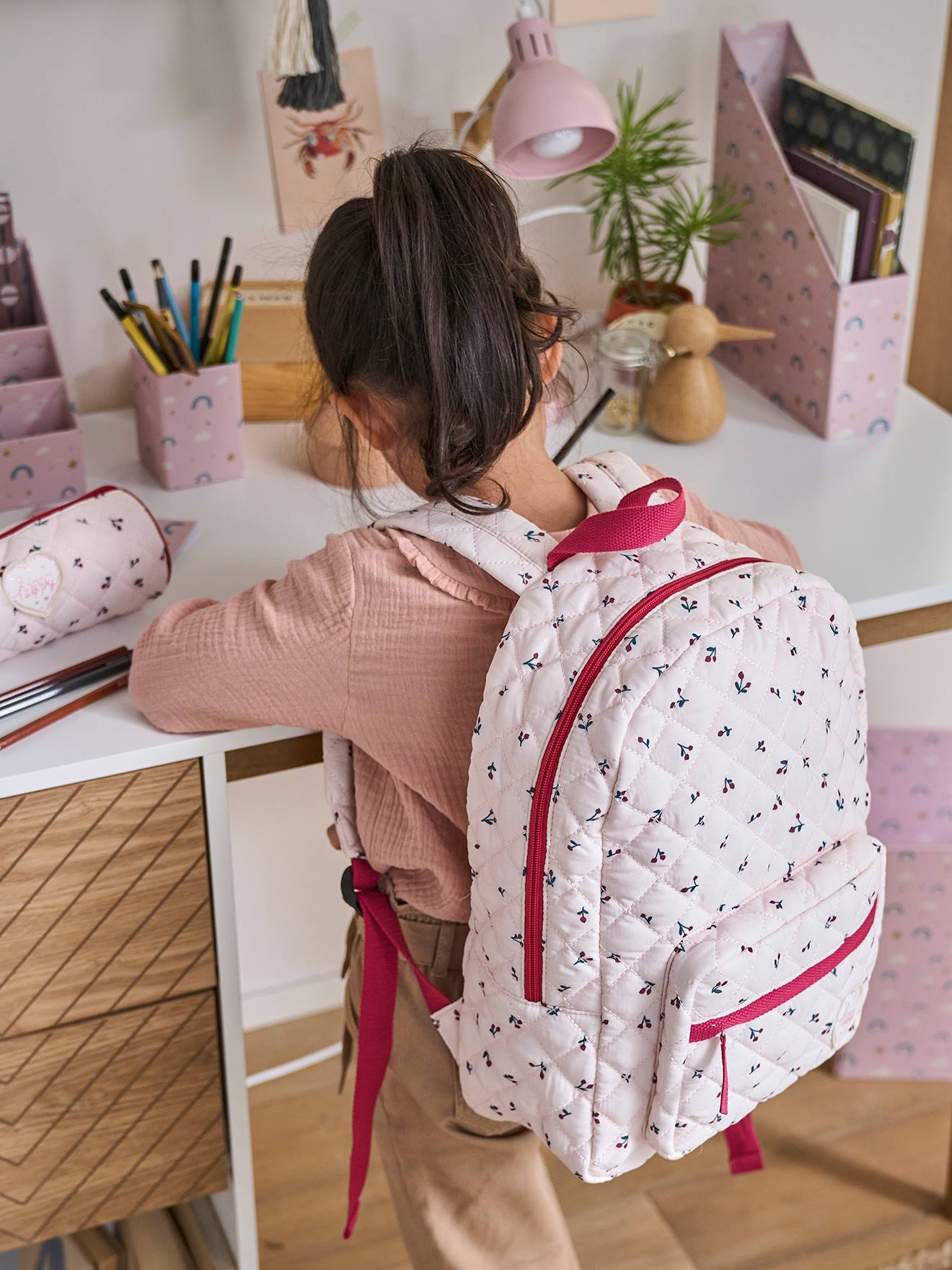 Sac à dos matelassé motifs cerises fille rose imprimé
