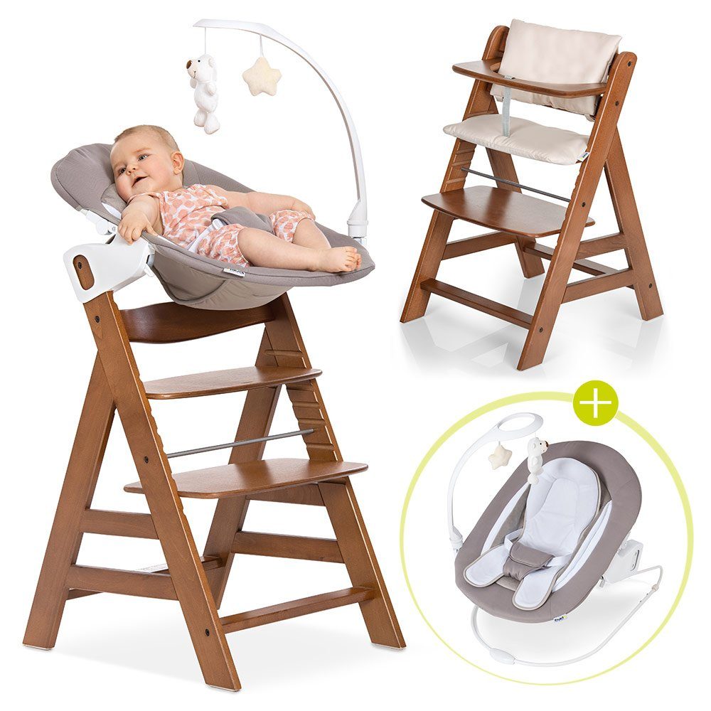 Hauck Hochstuhl Alpha Plus Walnut - Newborn Set (Set, 4 St), Holz Babystuhl ab Geburt inkl. Aufsatz für Neugeborene & Sitzauflage
