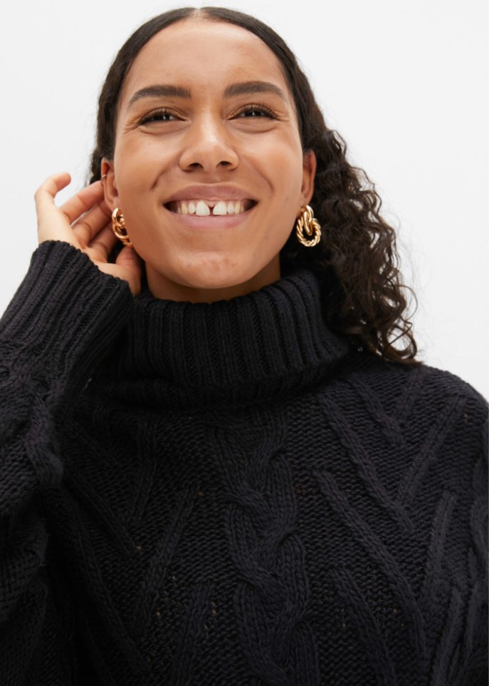 Rollkragen-Pullover mit Zopfmuster