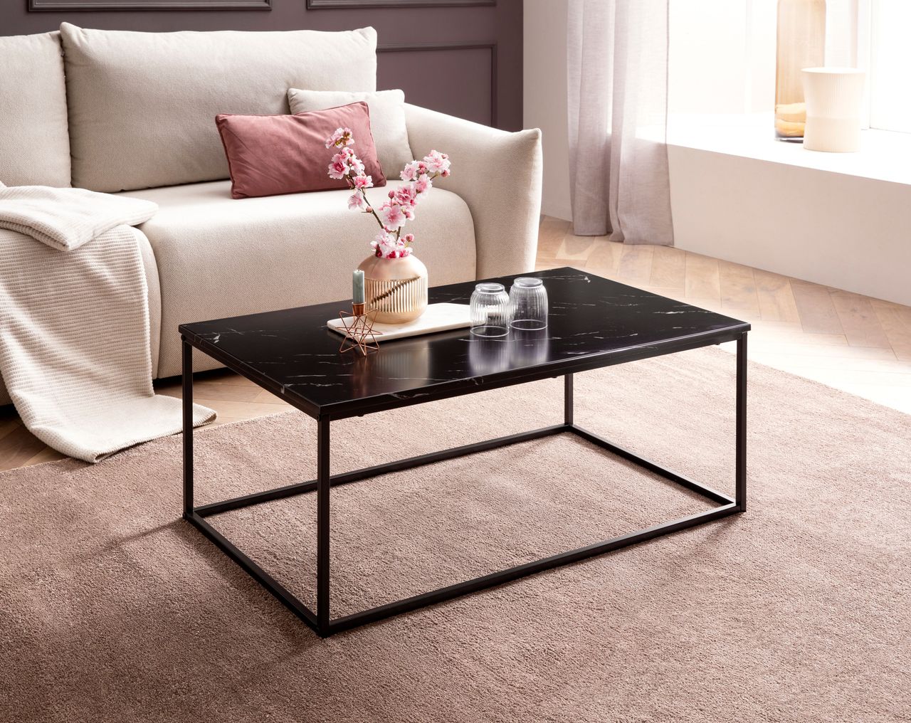 Skyport WOHNLING Couchtisch Marmor Optik Schwarz 100x60 cm Wohnzimmertisch Tisch Metall